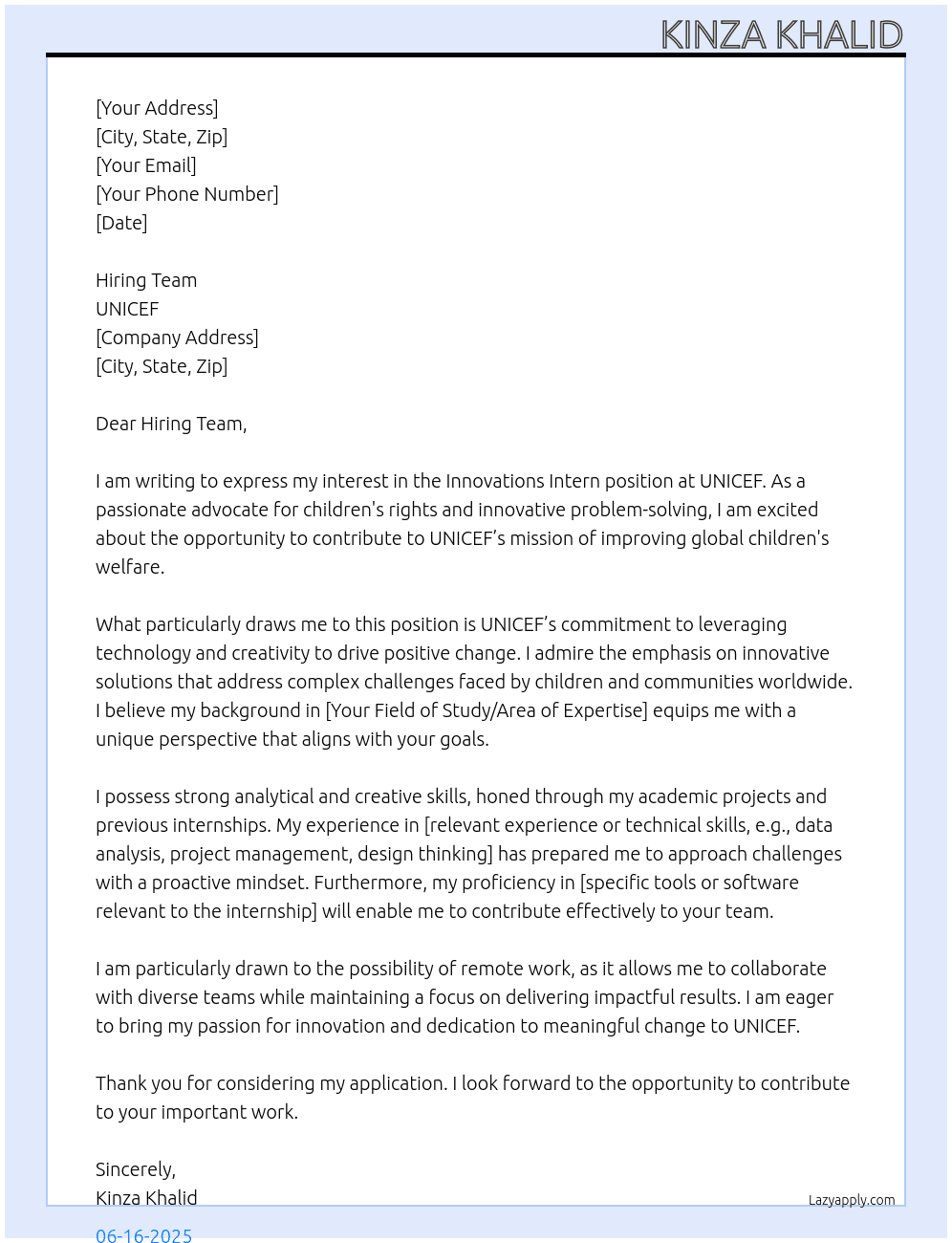 Cover letter for innovations intern - LazyApply