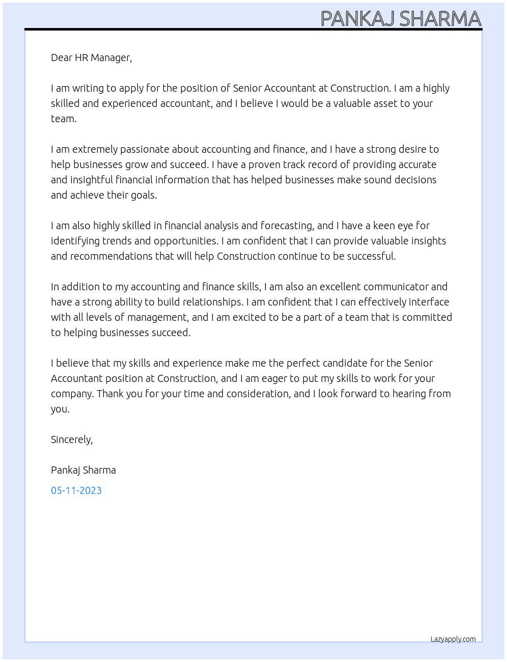 Senior Accountant At Construction Cover Letter