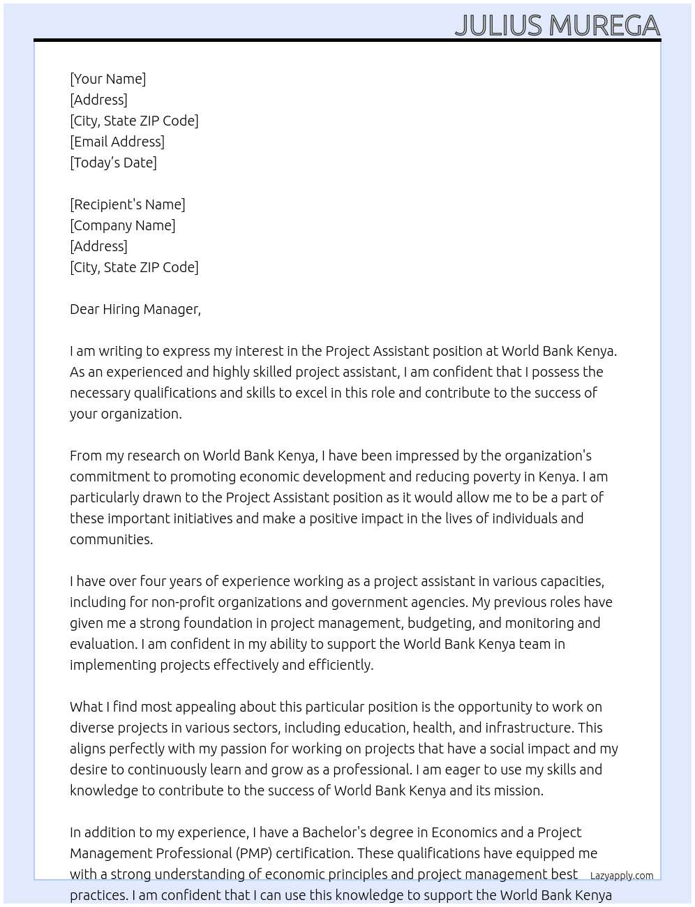 Project Assistant At World Bank Kenya Cover Letter