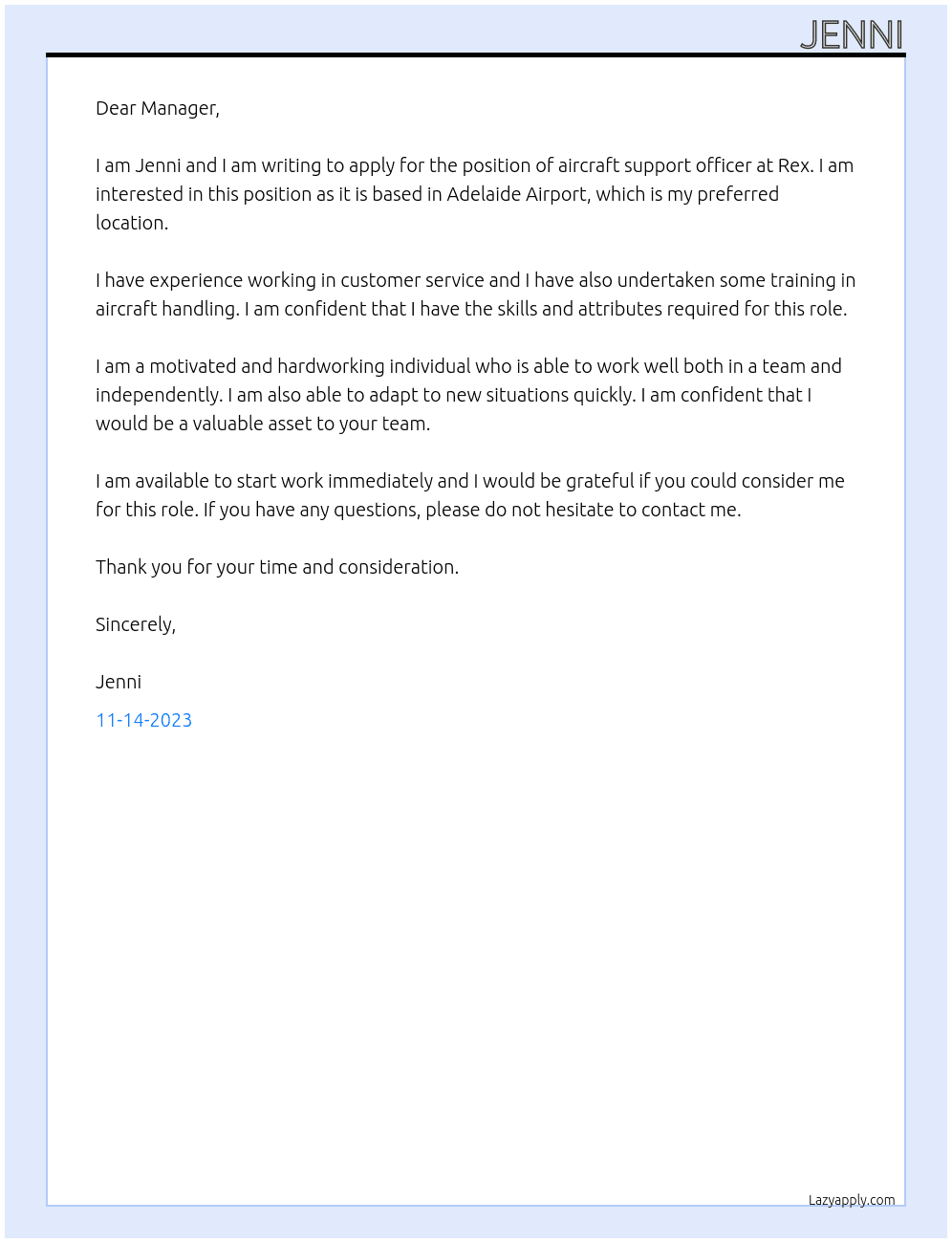 aircraft support officer At Rex Cover Letter