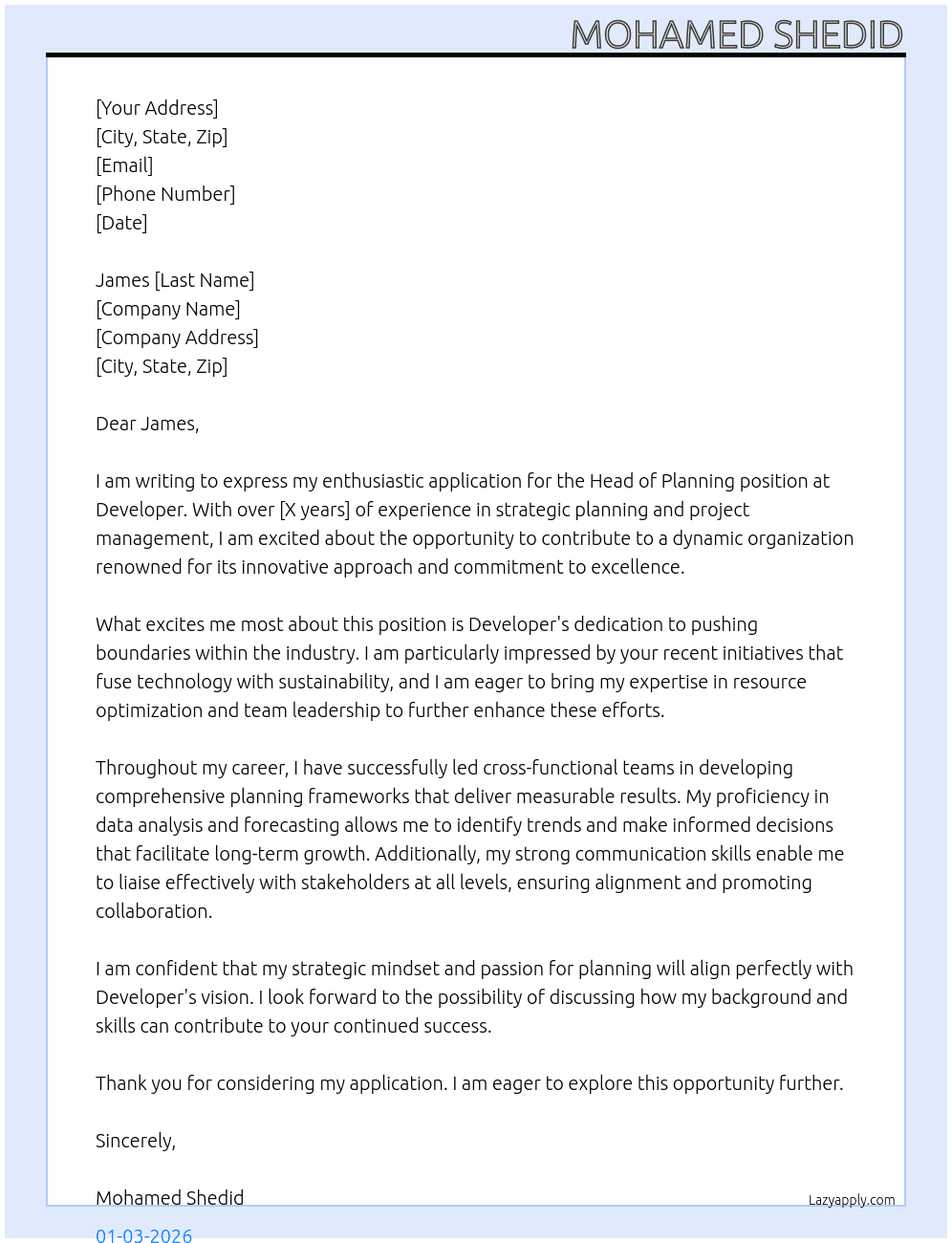 Head of planning At Developer Cover Letter