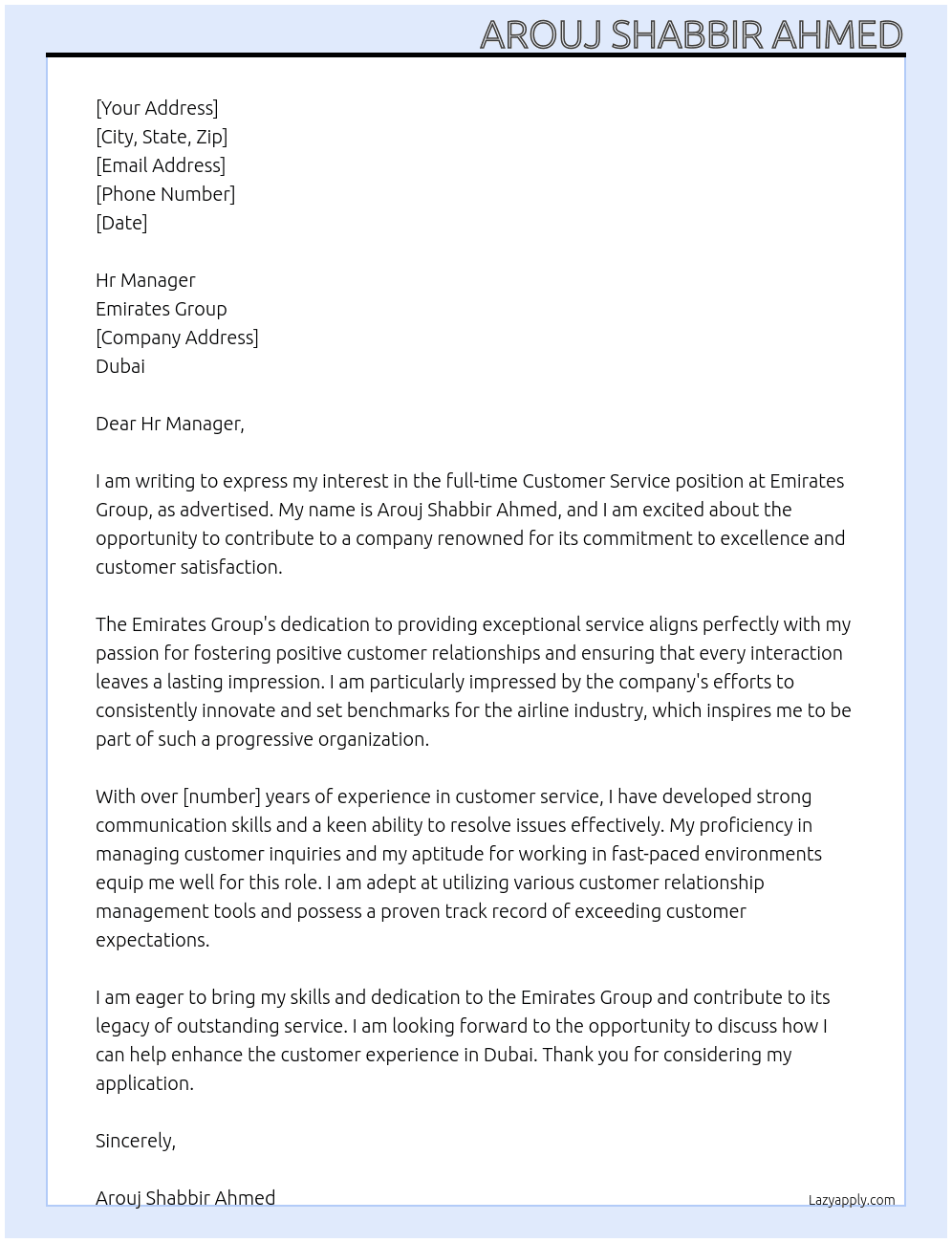 Customer service At Emirates group Cover Letter