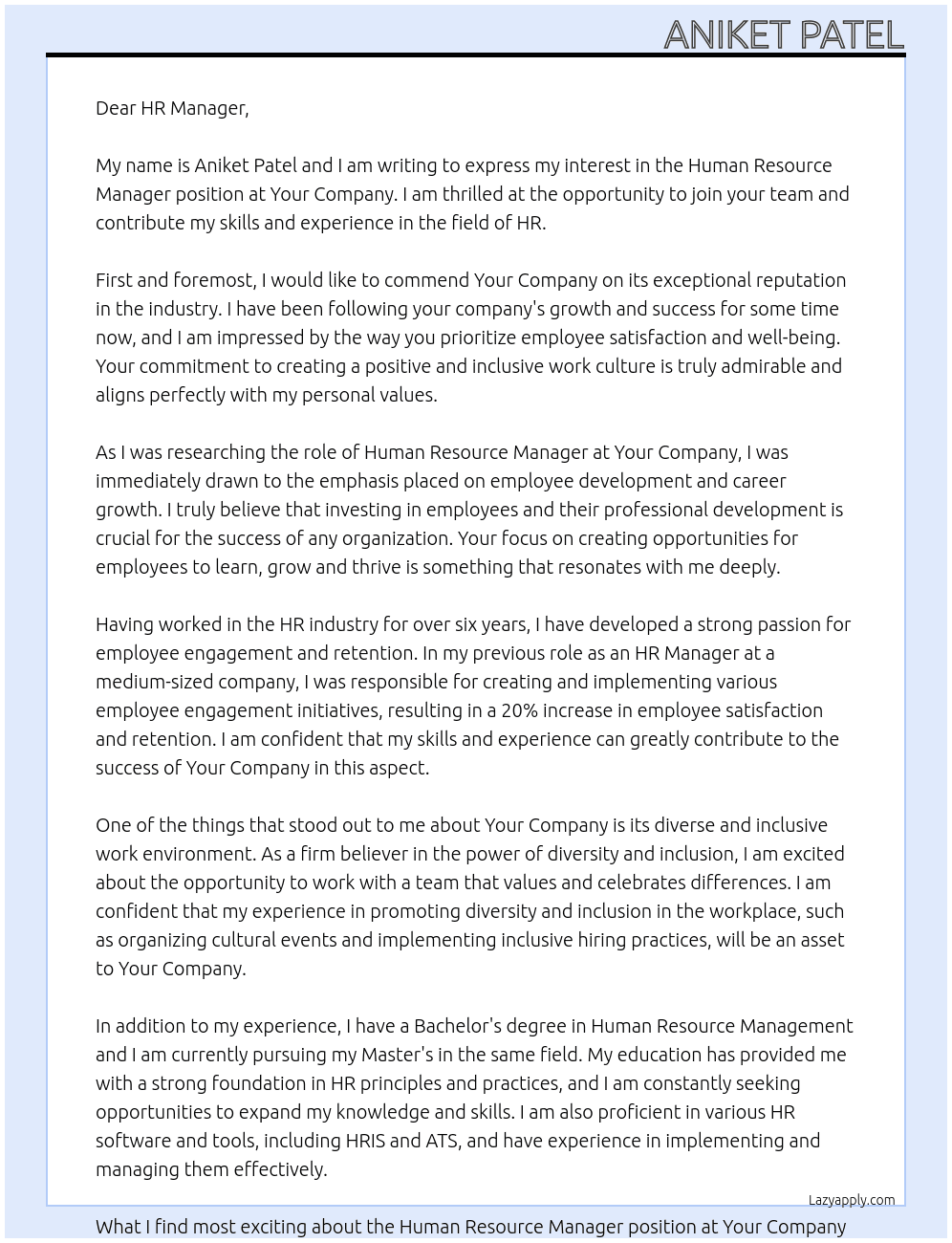 Human Resource manager At Your company  Cover Letter