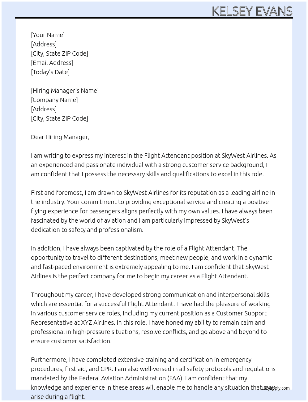 Flight Attendant At SkyWest Airlines Cover Letter