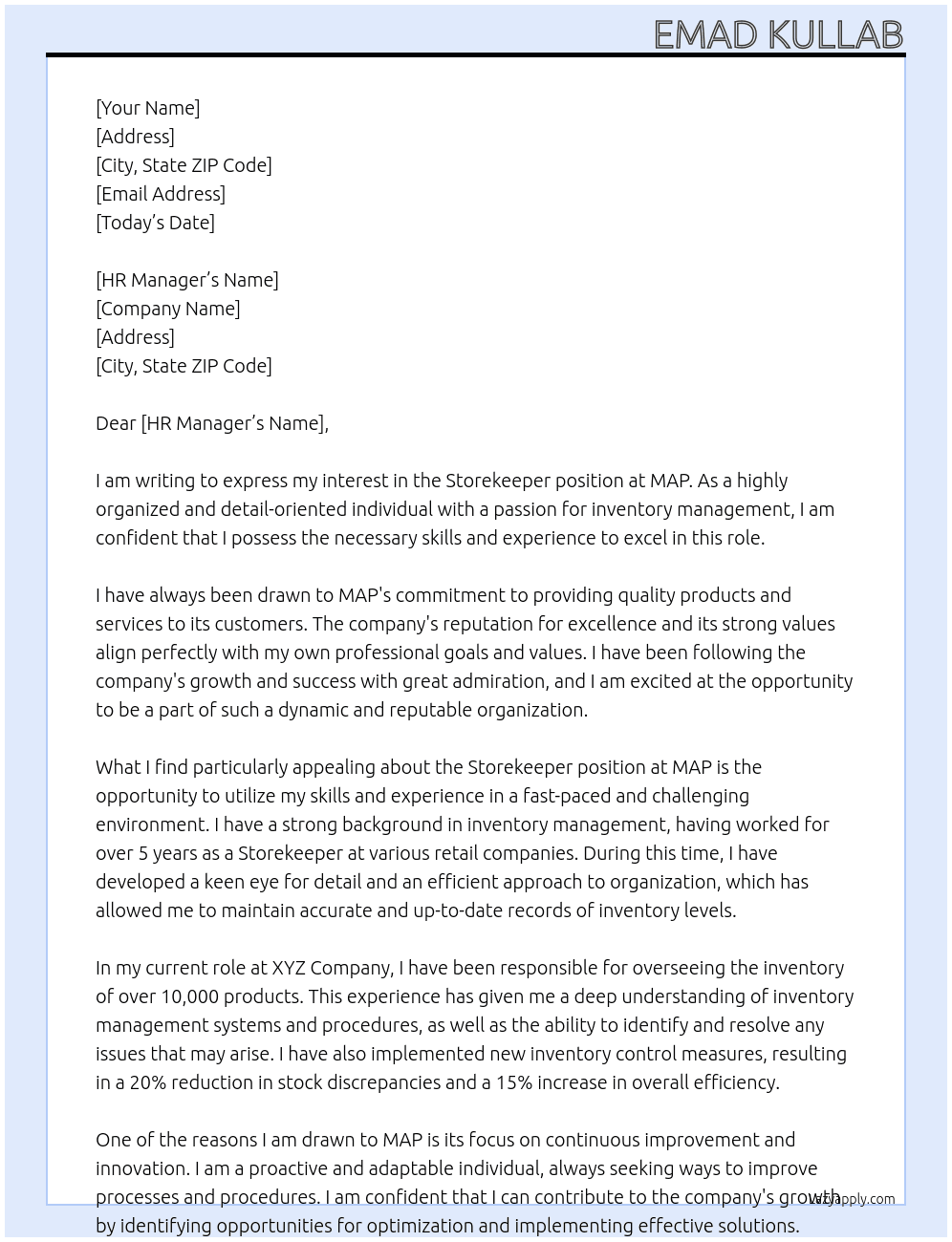 Storekeeper At MAP Cover Letter