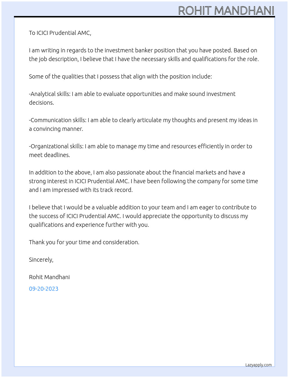 iNVESTMENT bANKER At ICICI Prudential AMC Cover Letter