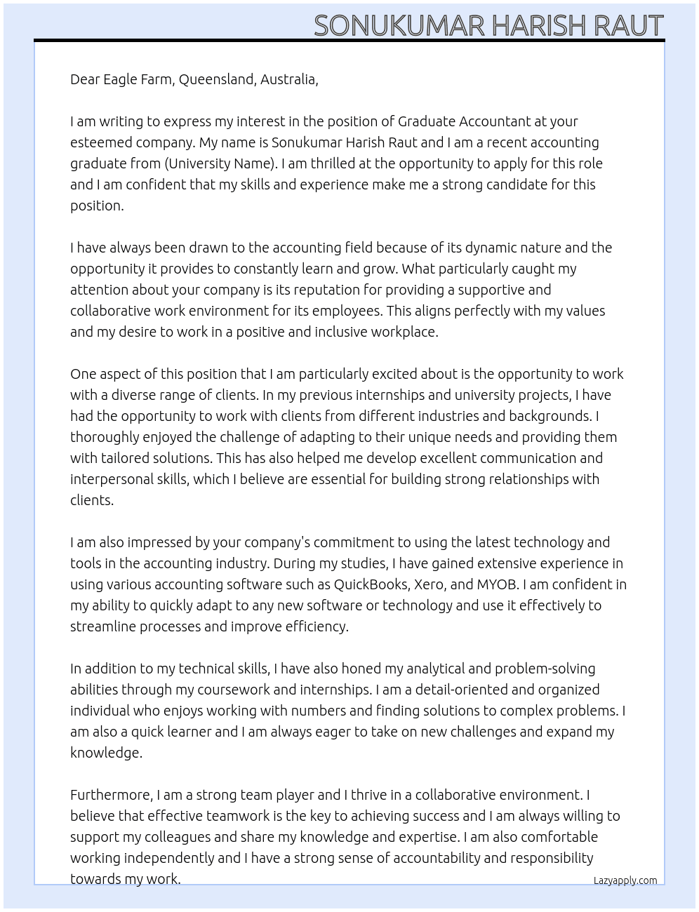 Graduate Accountant At Eagle Farm, Queensland, Australia Cover Letter