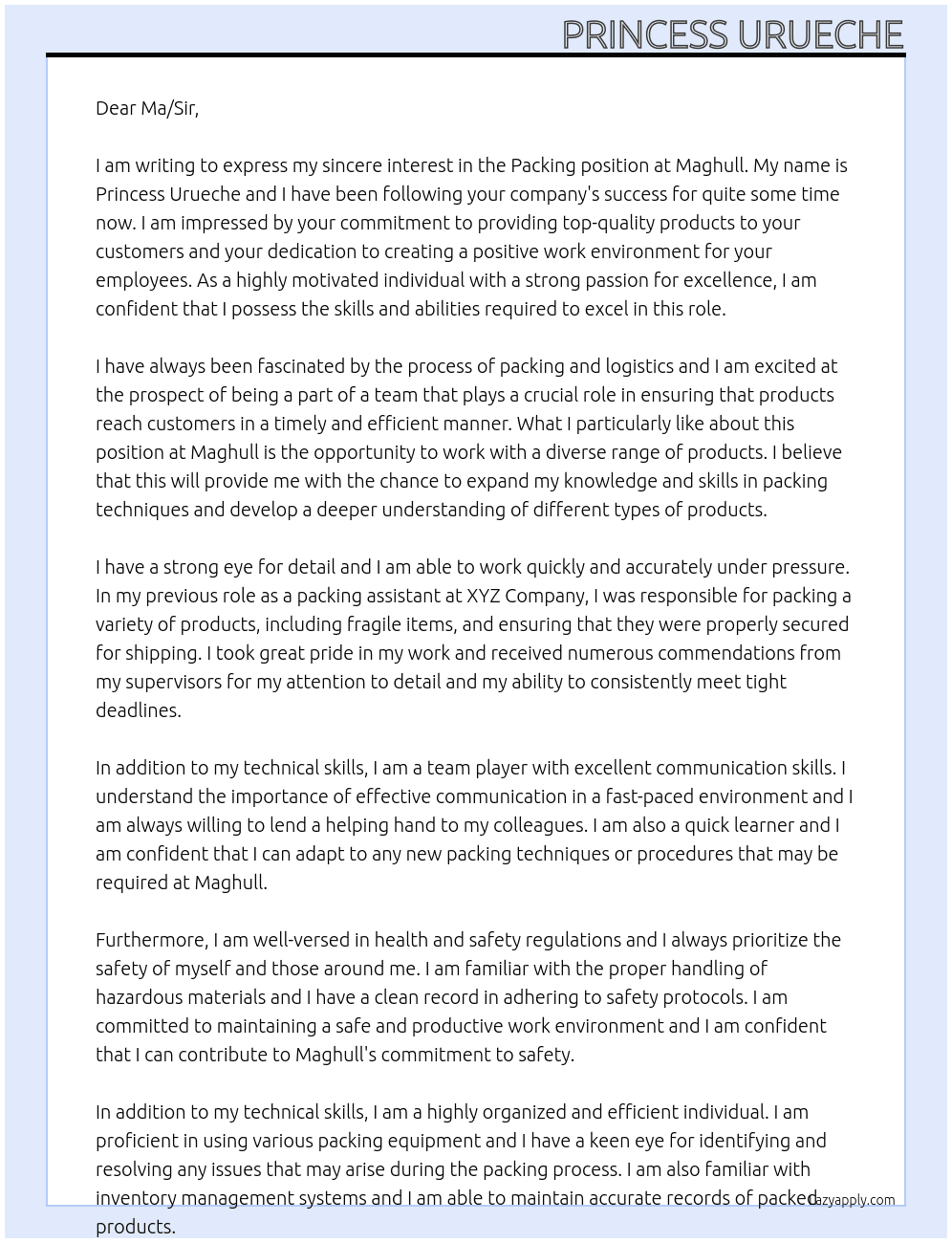 Packing  At Maghull  Cover Letter