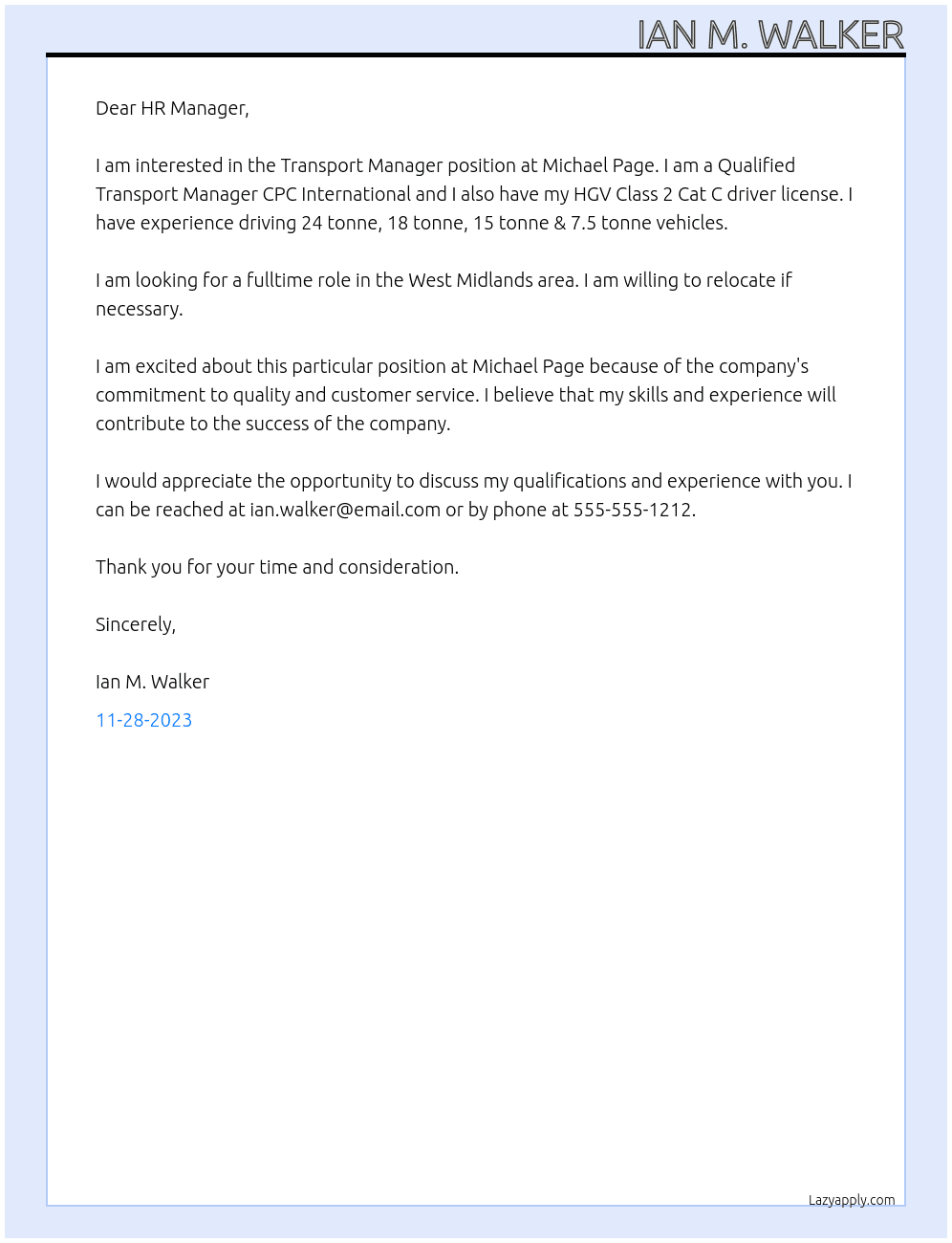 Transport Manager At Michael Page Cover Letter