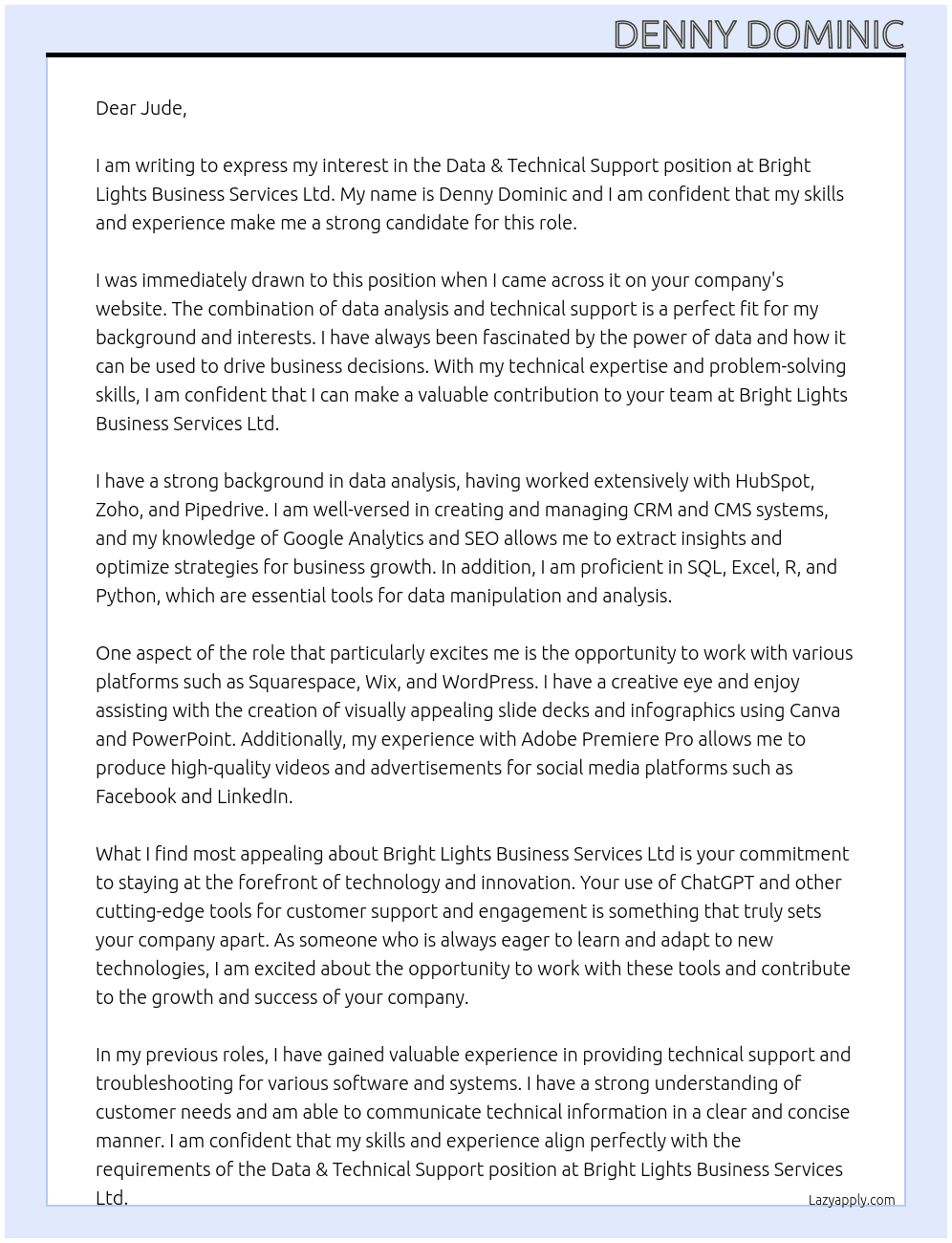 Cover letter for data & technical support - LazyApply