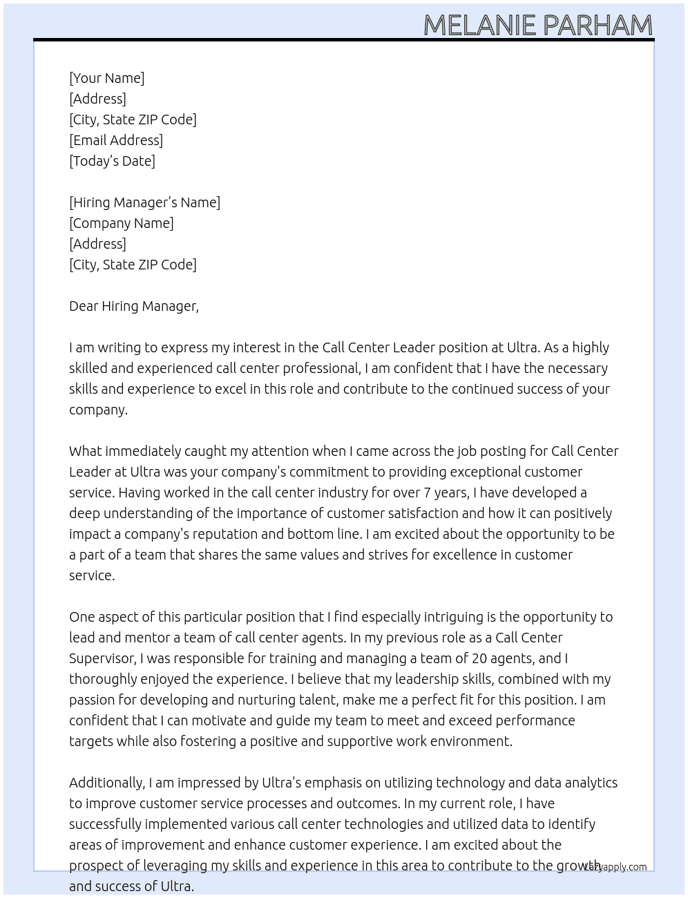 Call Center Leader At Ultra Cover Letter
