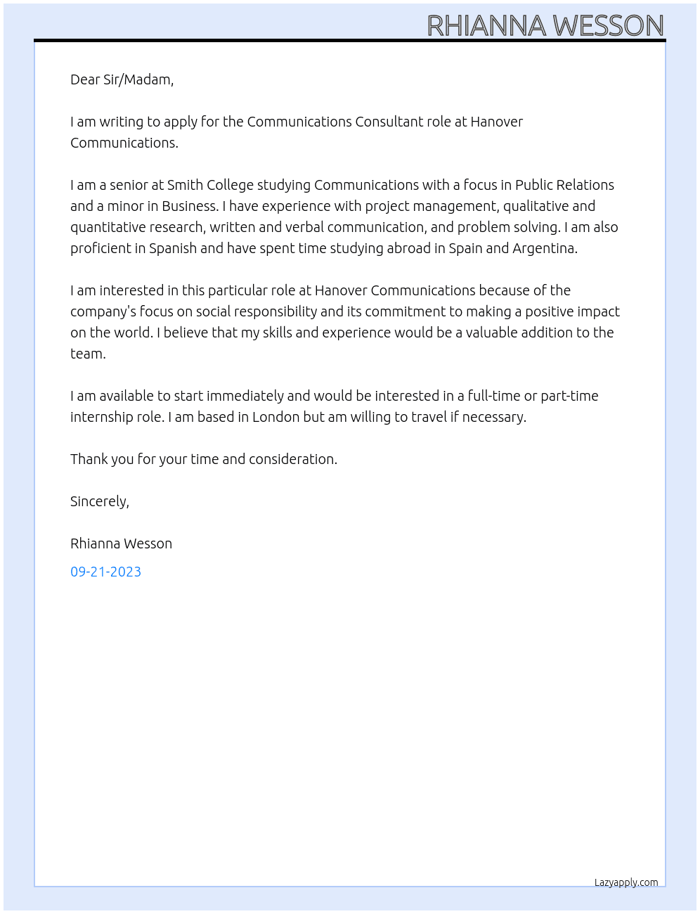 Communications Consultant At Hanover Communications Cover Letter
