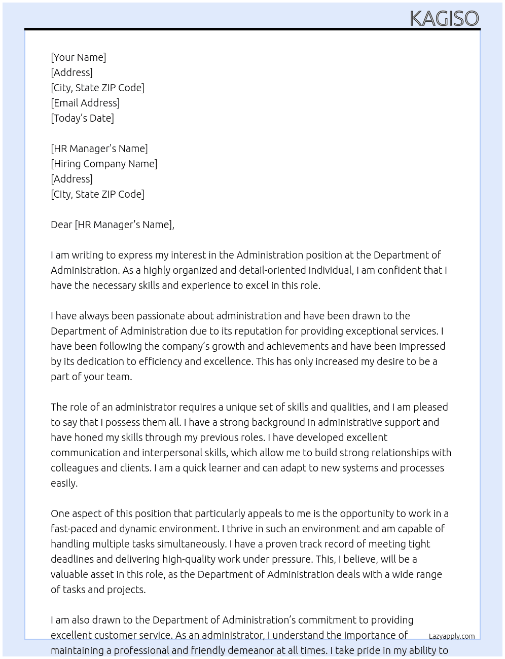 Administration  At Department of administration  Cover Letter