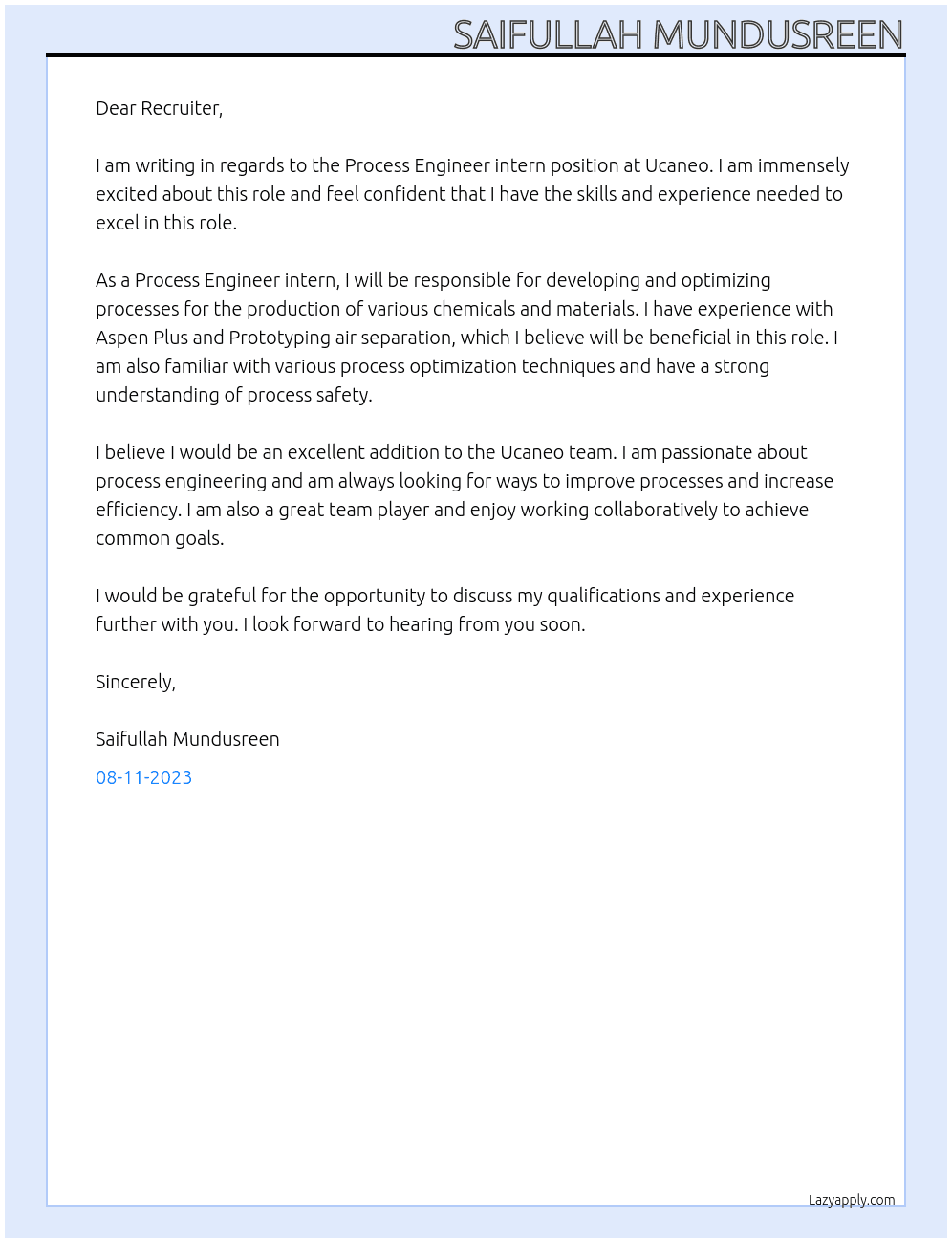 Process Engineer intern At Ucaneo Cover Letter