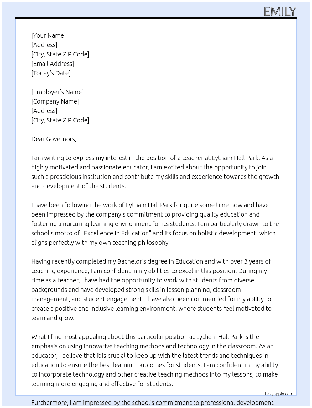 teacher At Lytham Hall Park Cover Letter