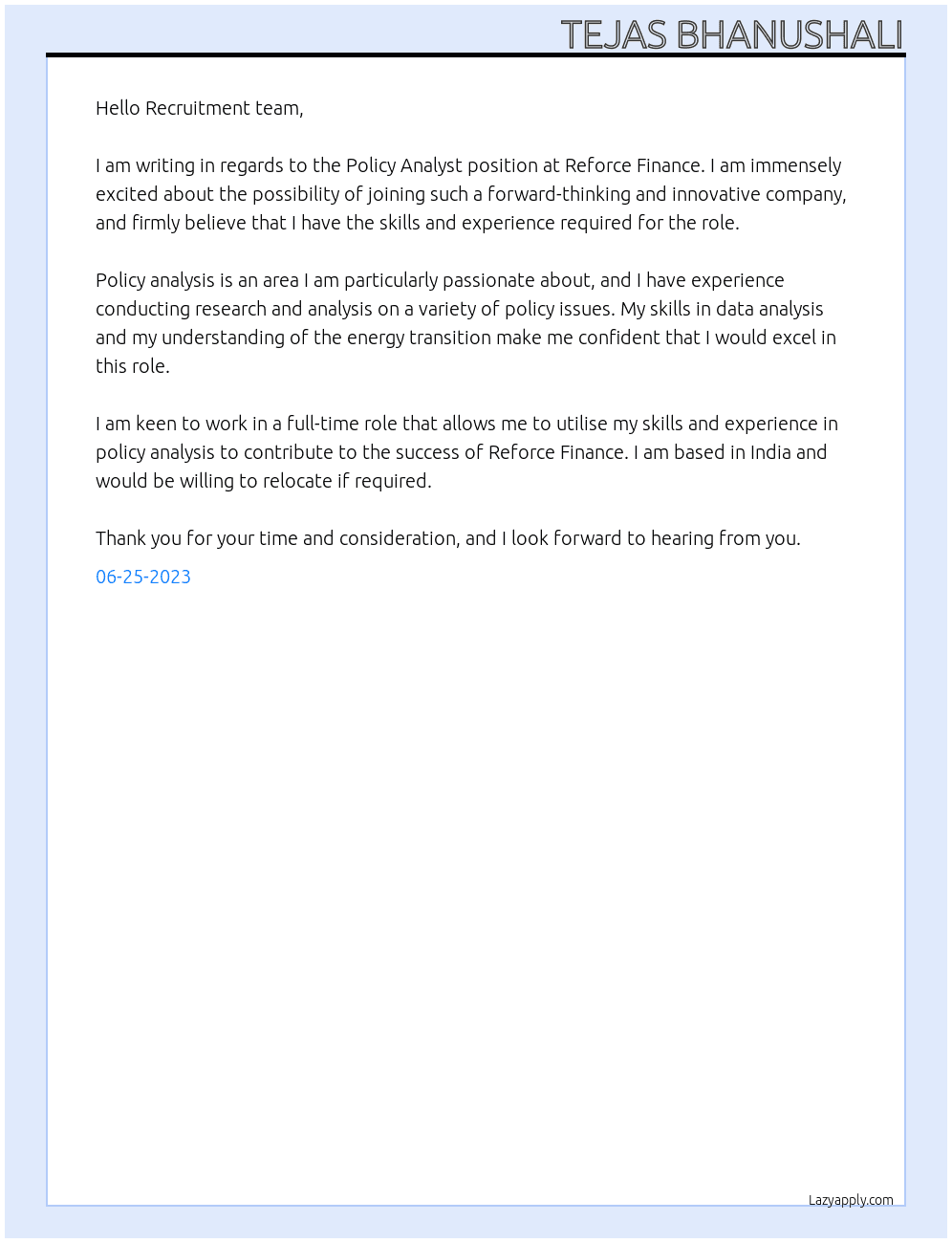 Policy Analyst At Reforce Finance Cover Letter