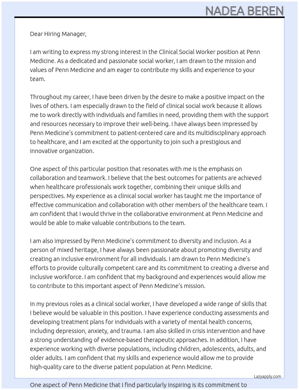 Clinical Social Worker At Penn Medicine Cover Letter