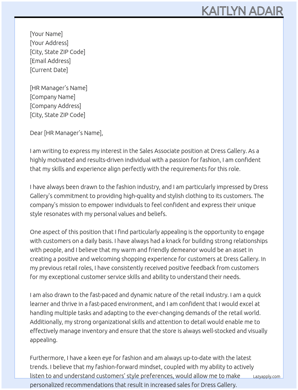 Sales Associate At Dress Gallery Cover Letter