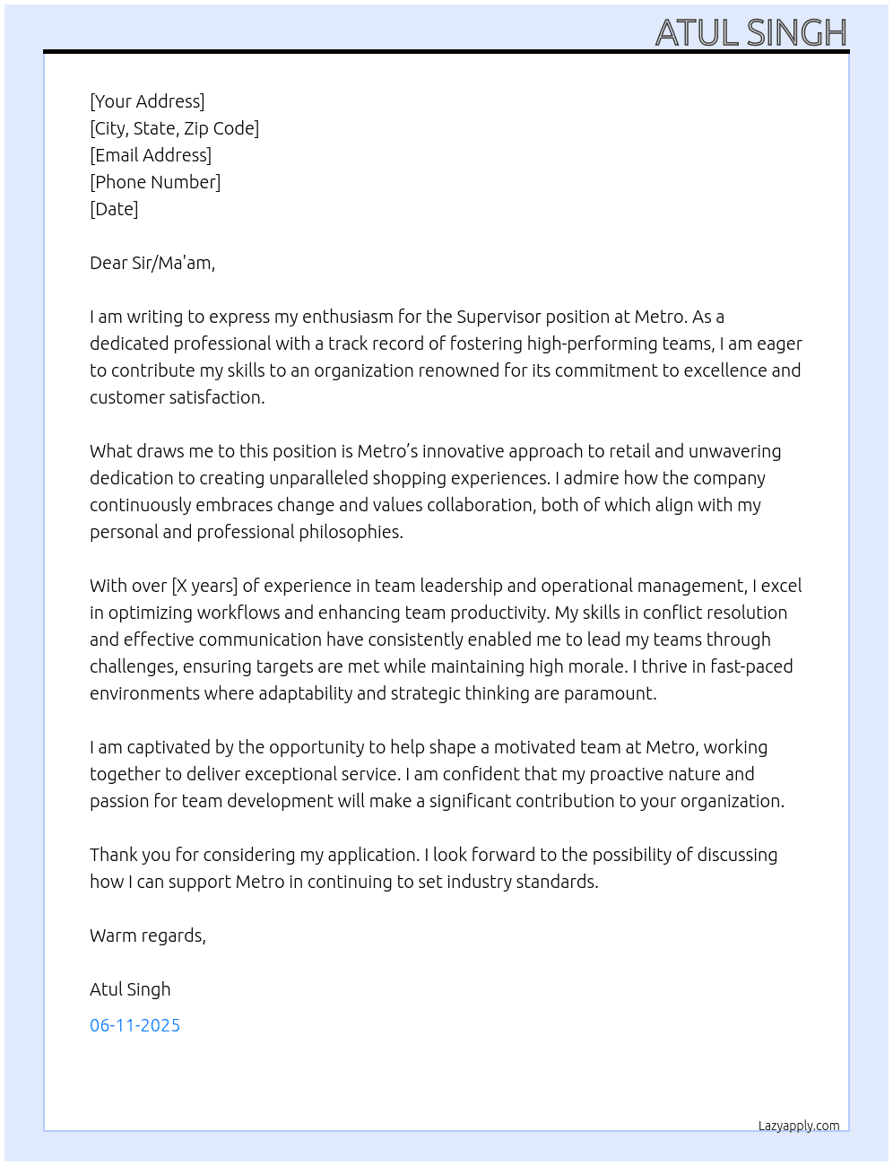 Suprviser At Metro Cover Letter