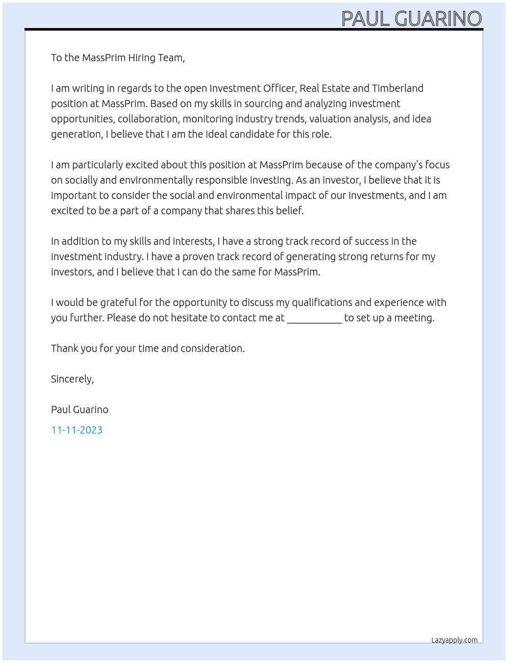 Investment Officer, Real Estate and Timberland At MassPrim Cover Letter