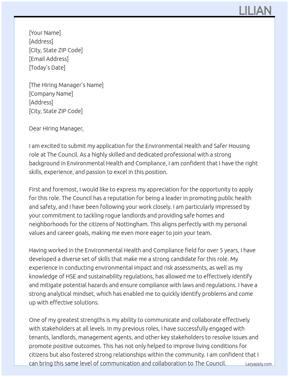 Environmental Health and Safer Housing, the Selective Licensing Compliance At The council Cover Letter