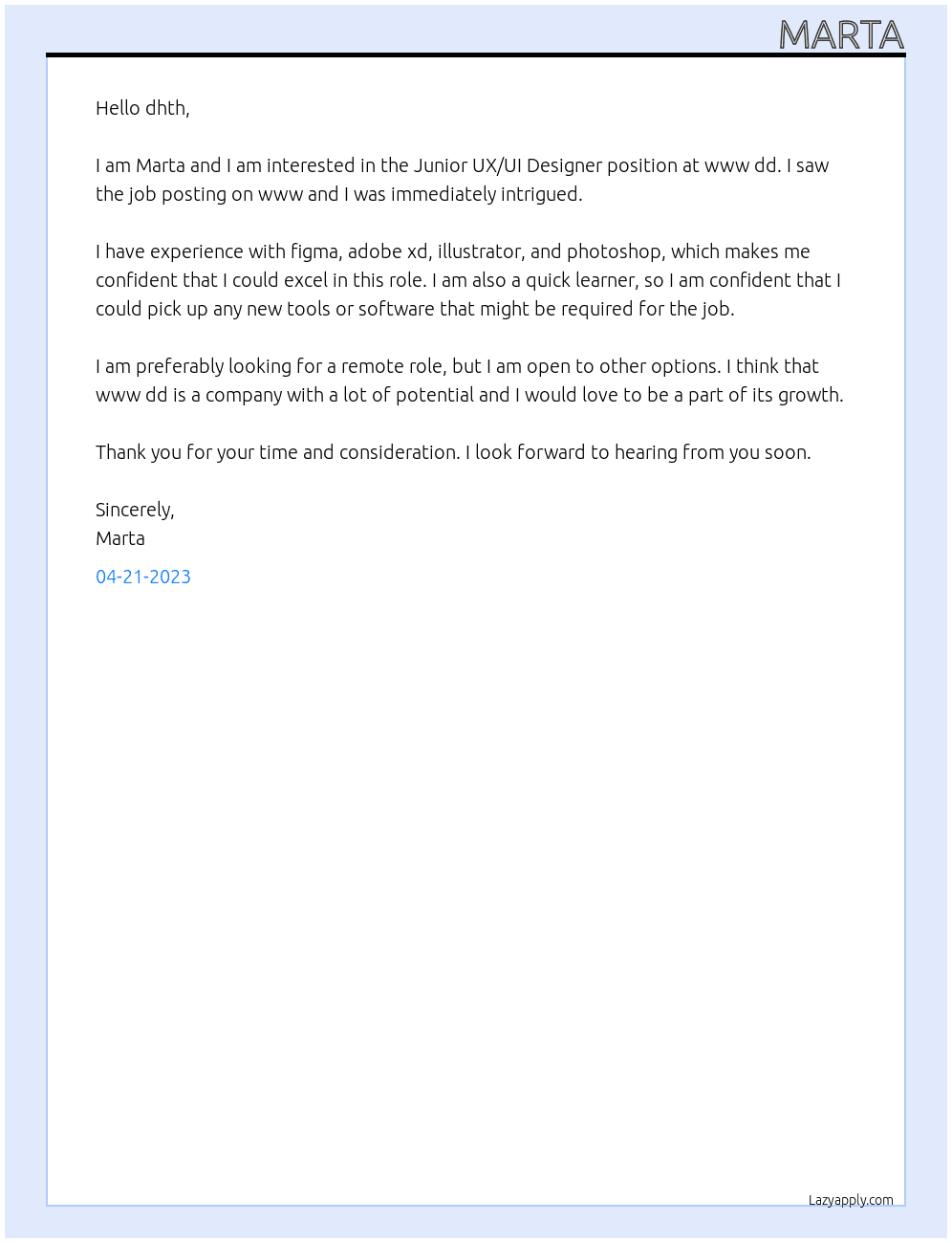 Junior UX/UI Desgner At wwww dd Cover Letter