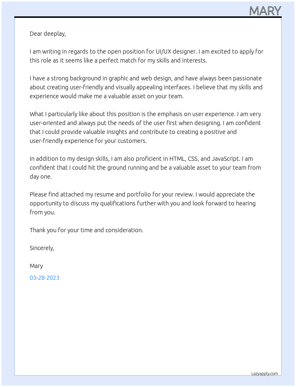 UI/UX designer At deeplay Cover Letter