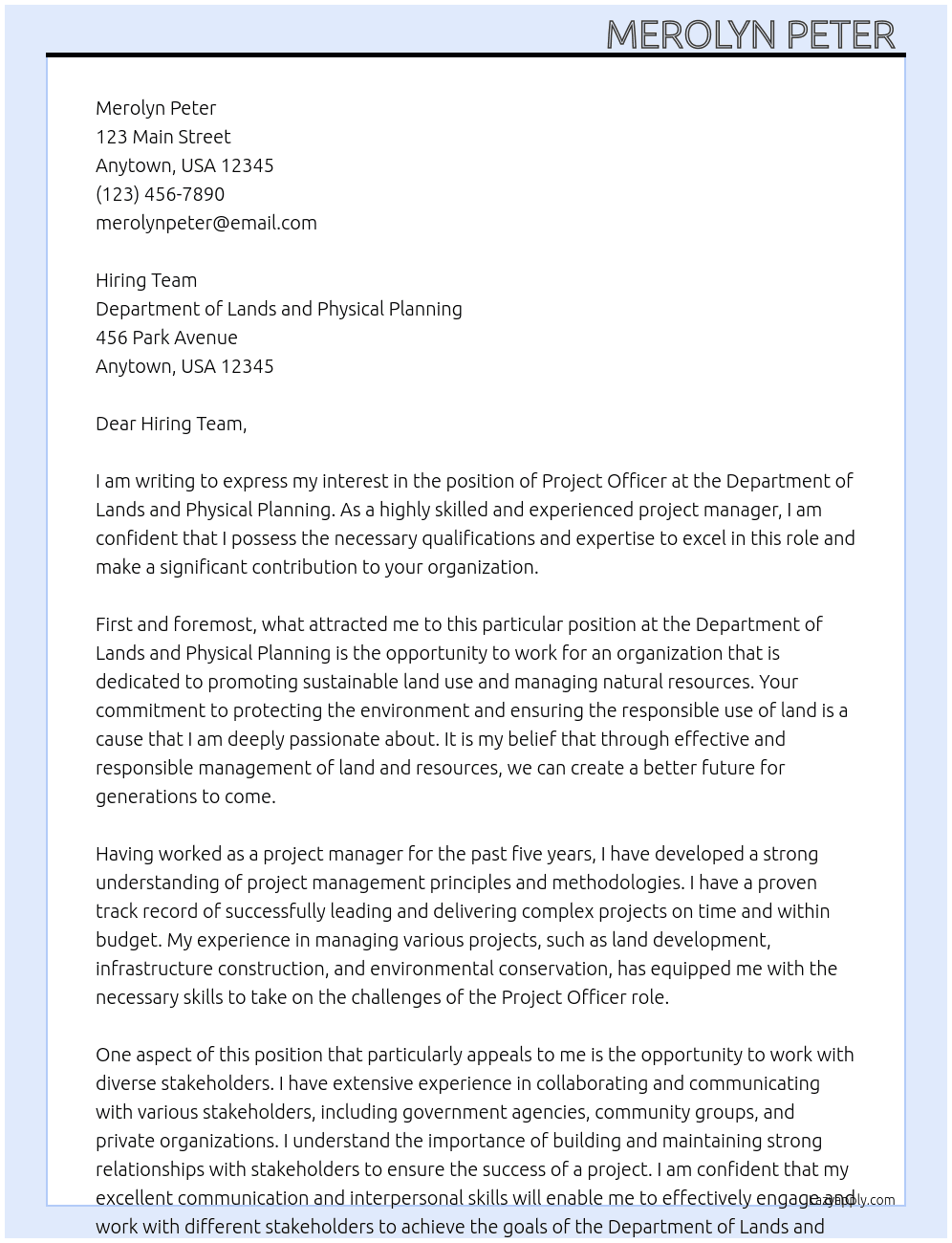 Project Officer  At Department of Lands and Physical Planning  Cover Letter