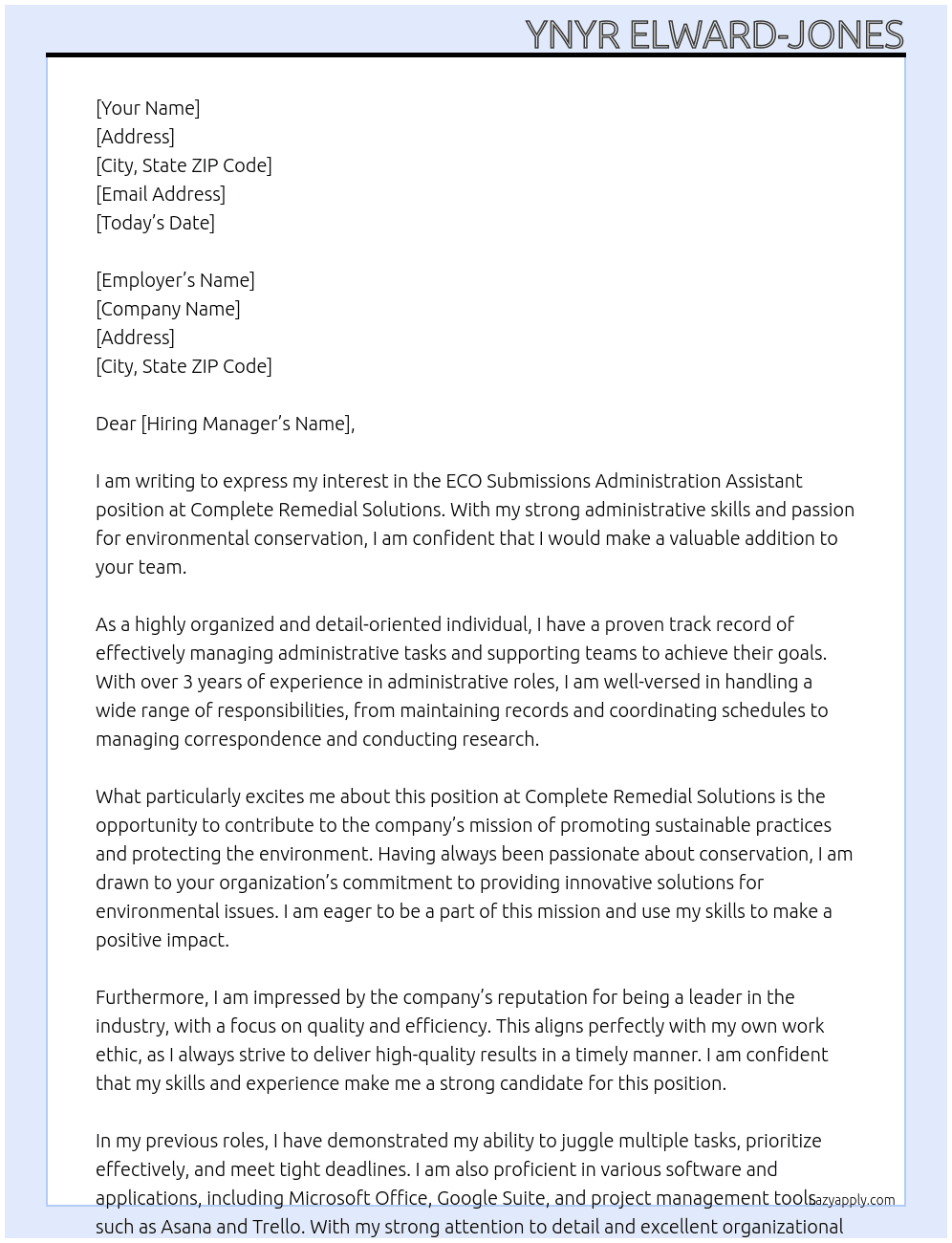 ECO Submissions Administration Assistant At Complete Remedial Solutions Cover Letter