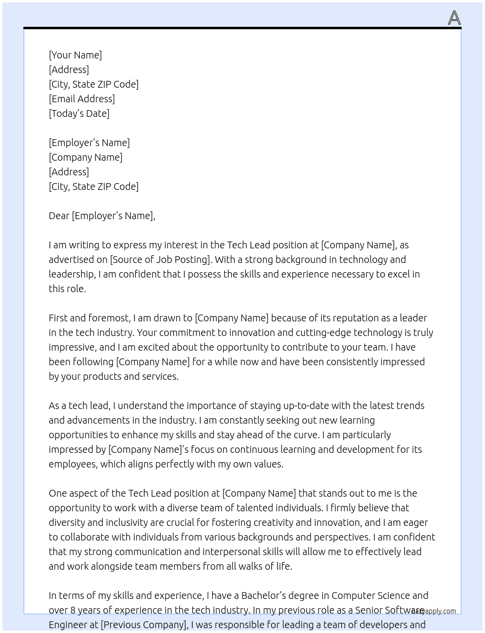 Tech lead At B Cover Letter