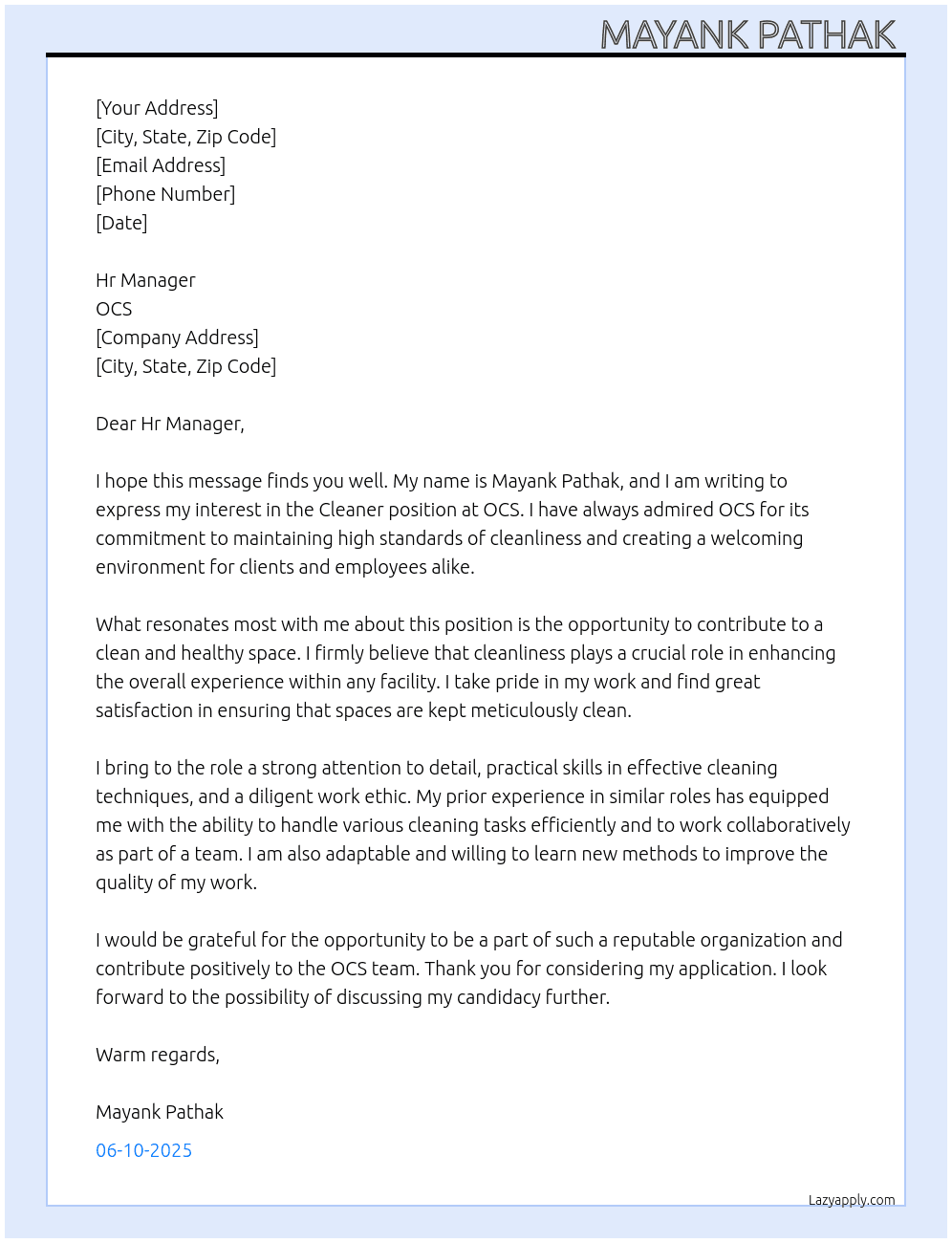 Cleaner  At OCS Cover Letter