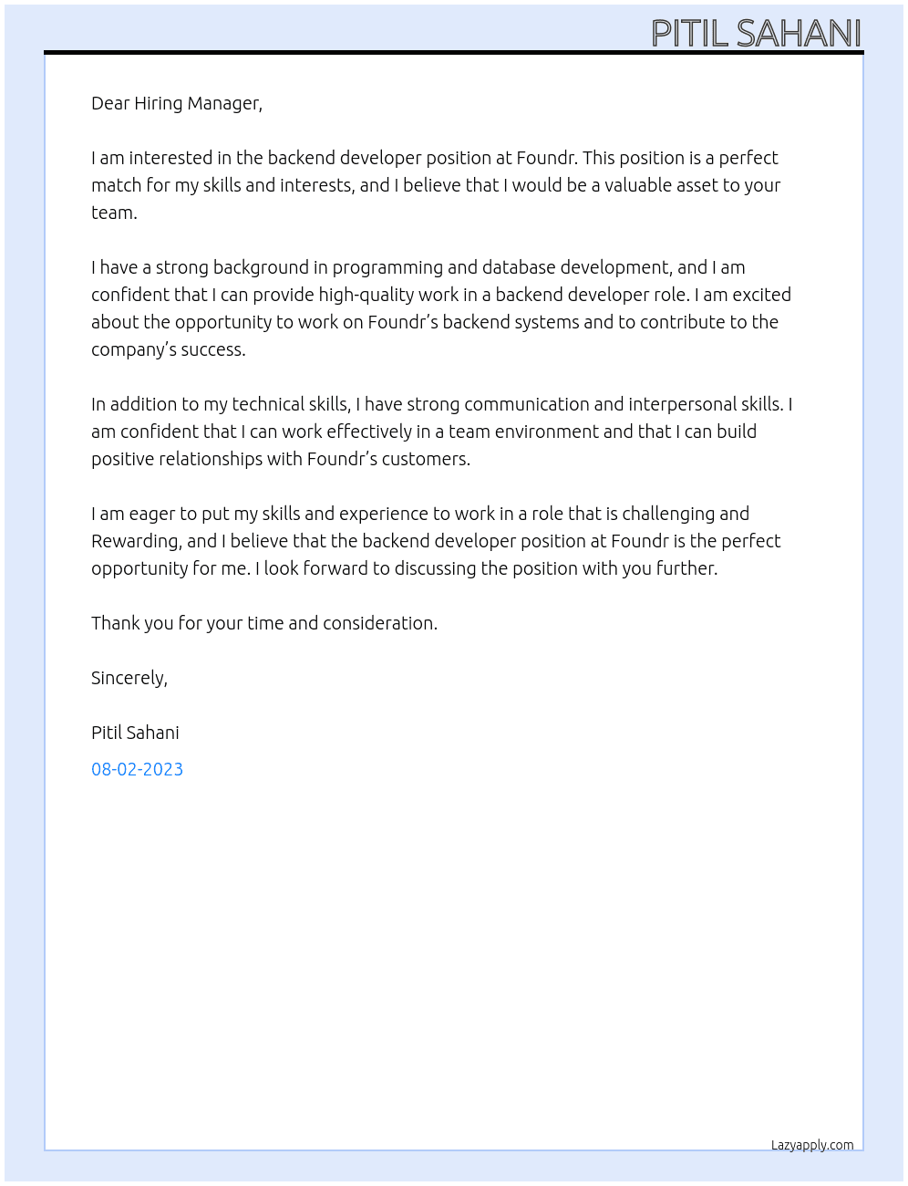 Backend developer At Foundr Cover Letter