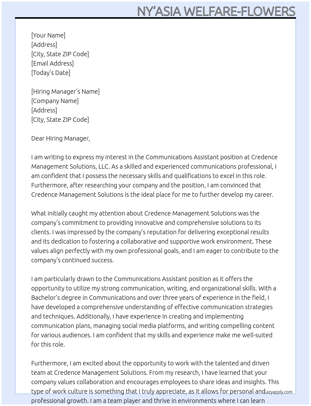 Communications Assistant At Credence Management Solutions, LLC Cover Letter