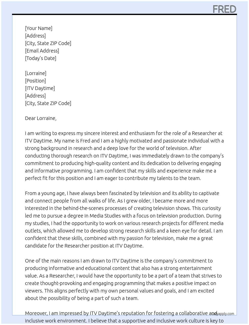 Researcher  At ITV Daytime Cover Letter