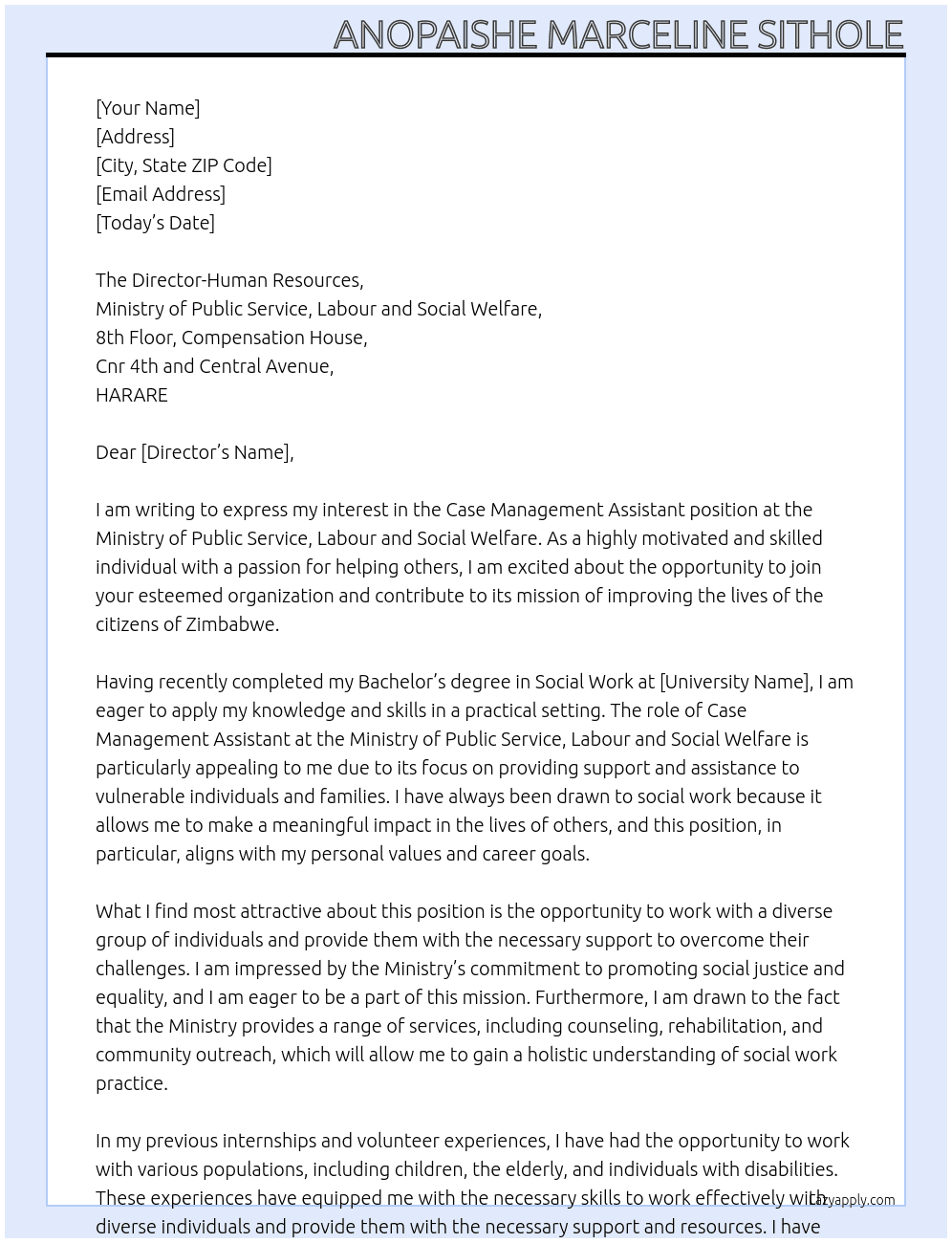 Case Management Assistants At Ministry of Public Service, Labour and Social Welfare Cover Letter