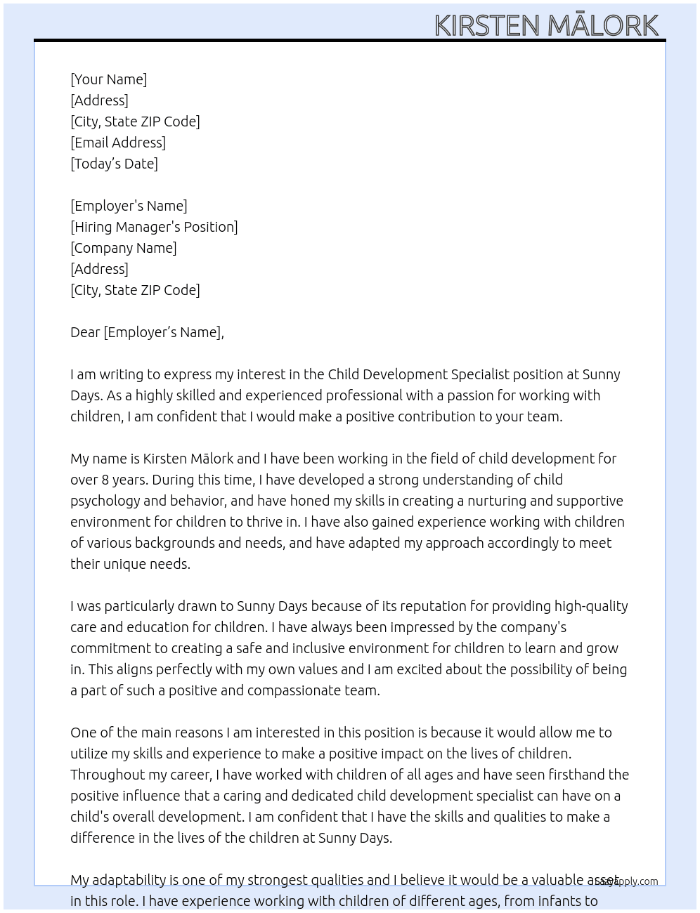 Child Development Specialists  At Sunny Days Cover Letter