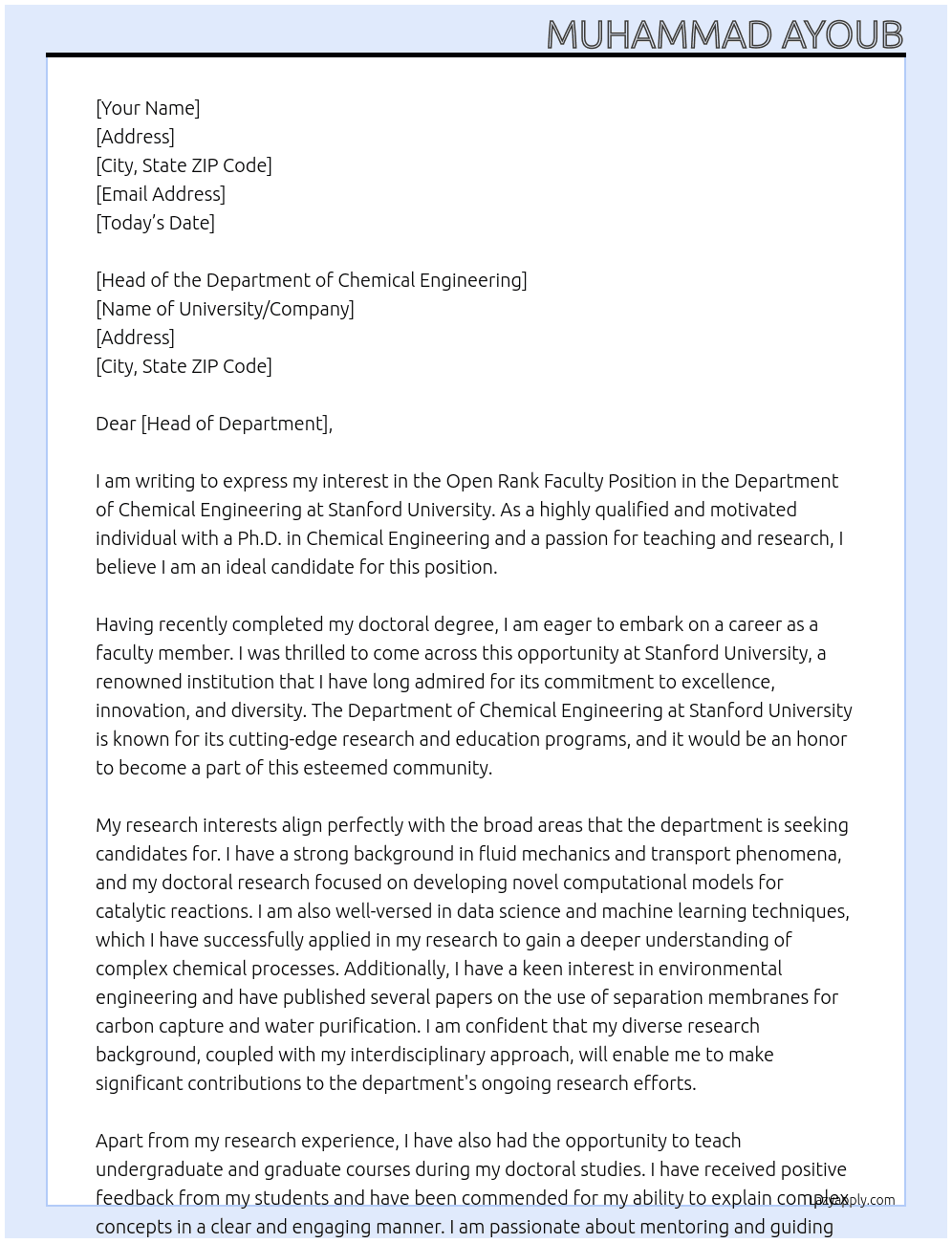 Open Rank Faculty Position in the Department of Chemical Engineering At Stanford University Stanford, CA Cover Letter