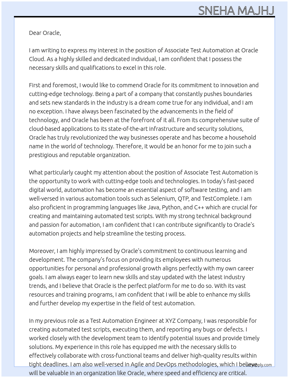 Associate test automation of  At Oracle cloud  Cover Letter