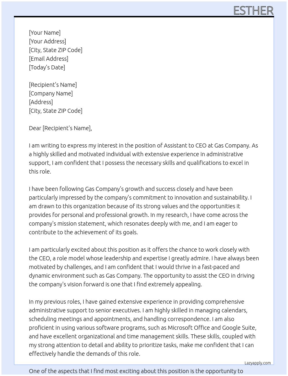 Assistant to CEO At Gas Comapny Cover Letter
