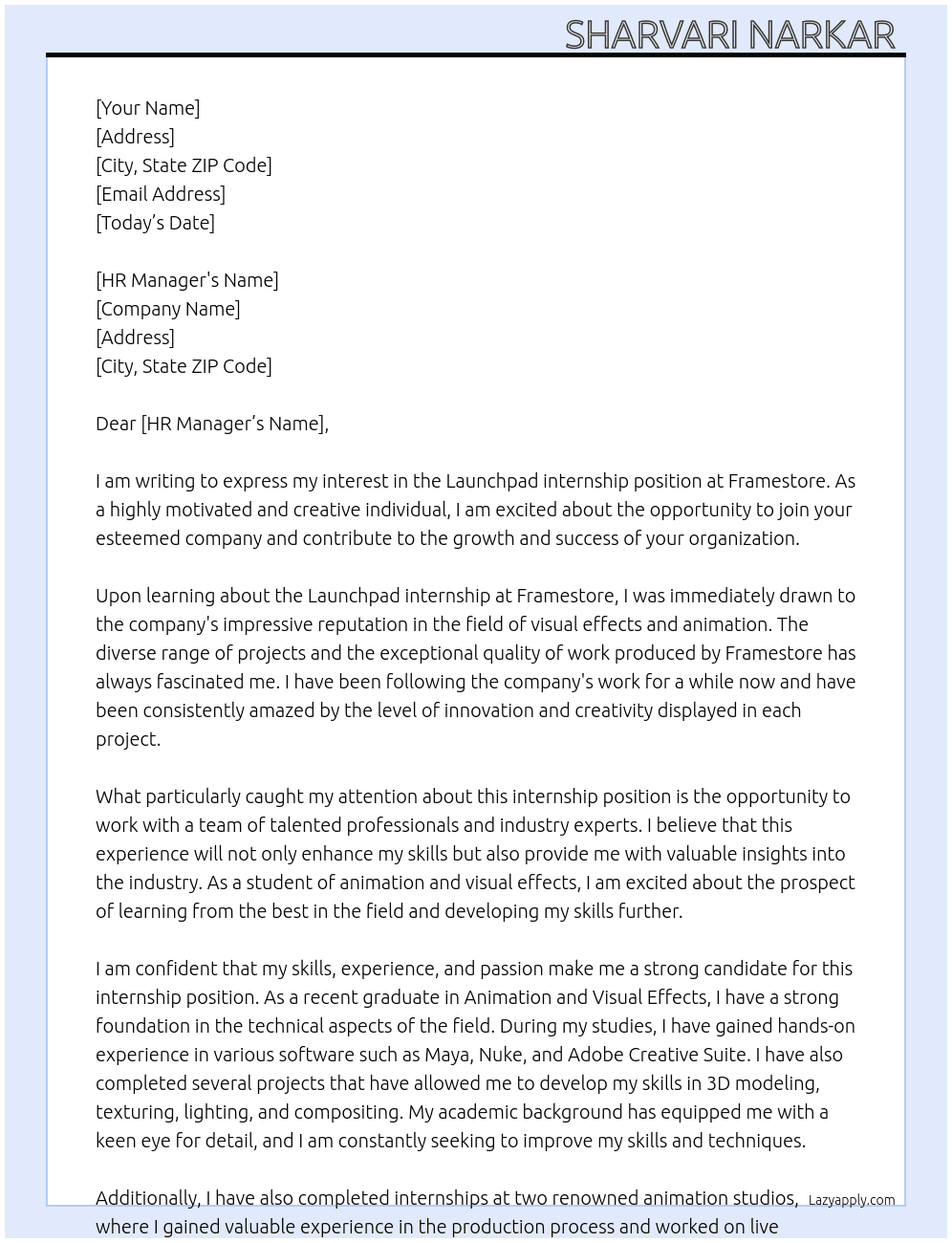 Launchpad internship  At  Framestore Cover Letter