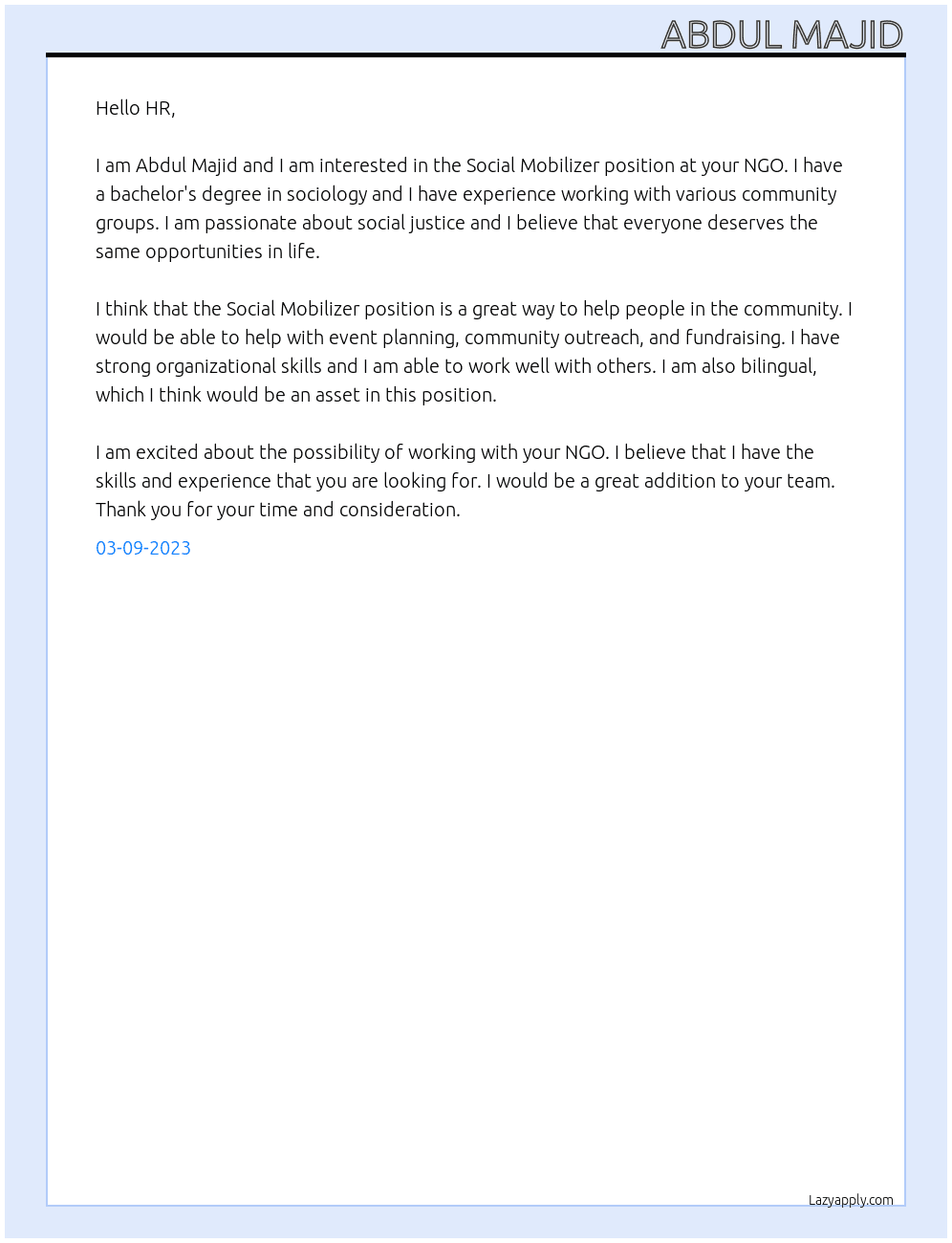 Social Mobilizer  At NGO Cover Letter