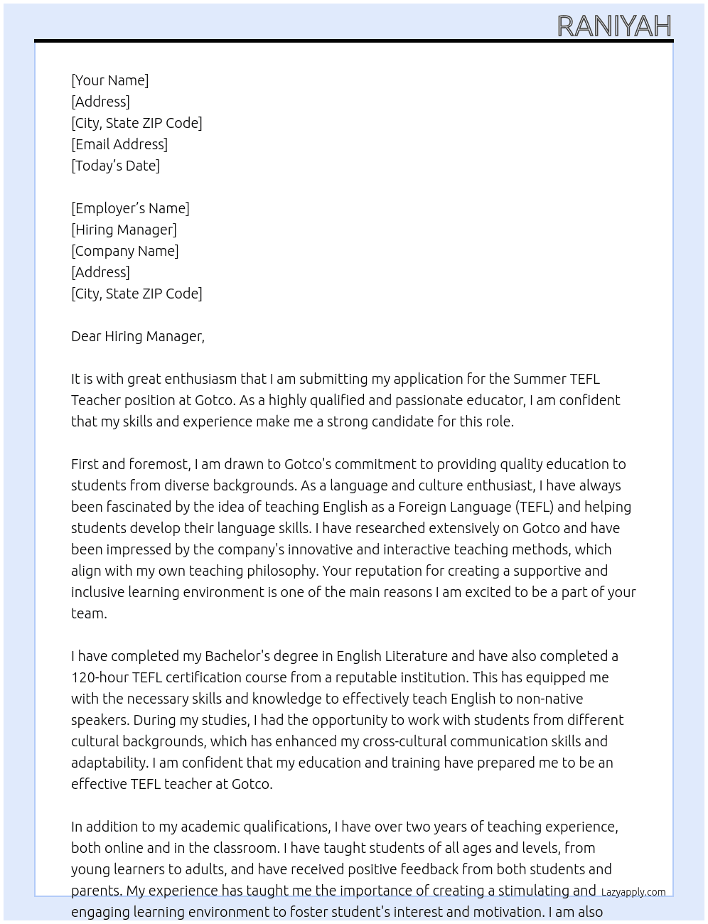 Summer TEFL teacher At Gotco  Cover Letter