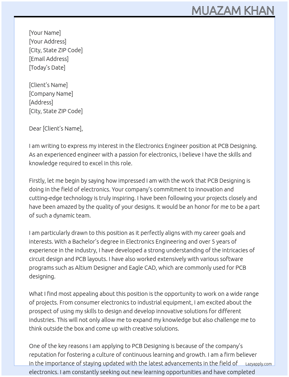 Electronics Engineer At PCB Designing Cover Letter
