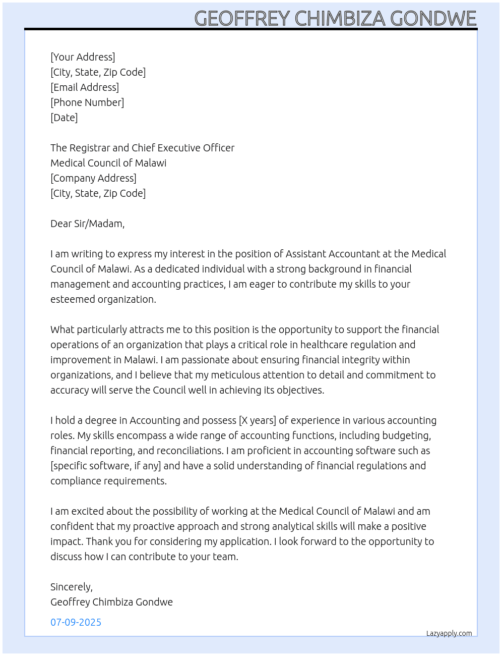 Assistant Accountant At Medical Council of Malawi Cover Letter