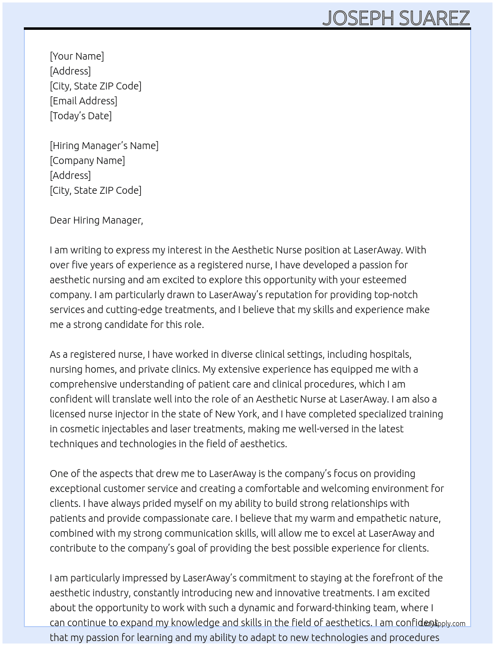 Aesthetic Nurse At LaserAway Cover Letter