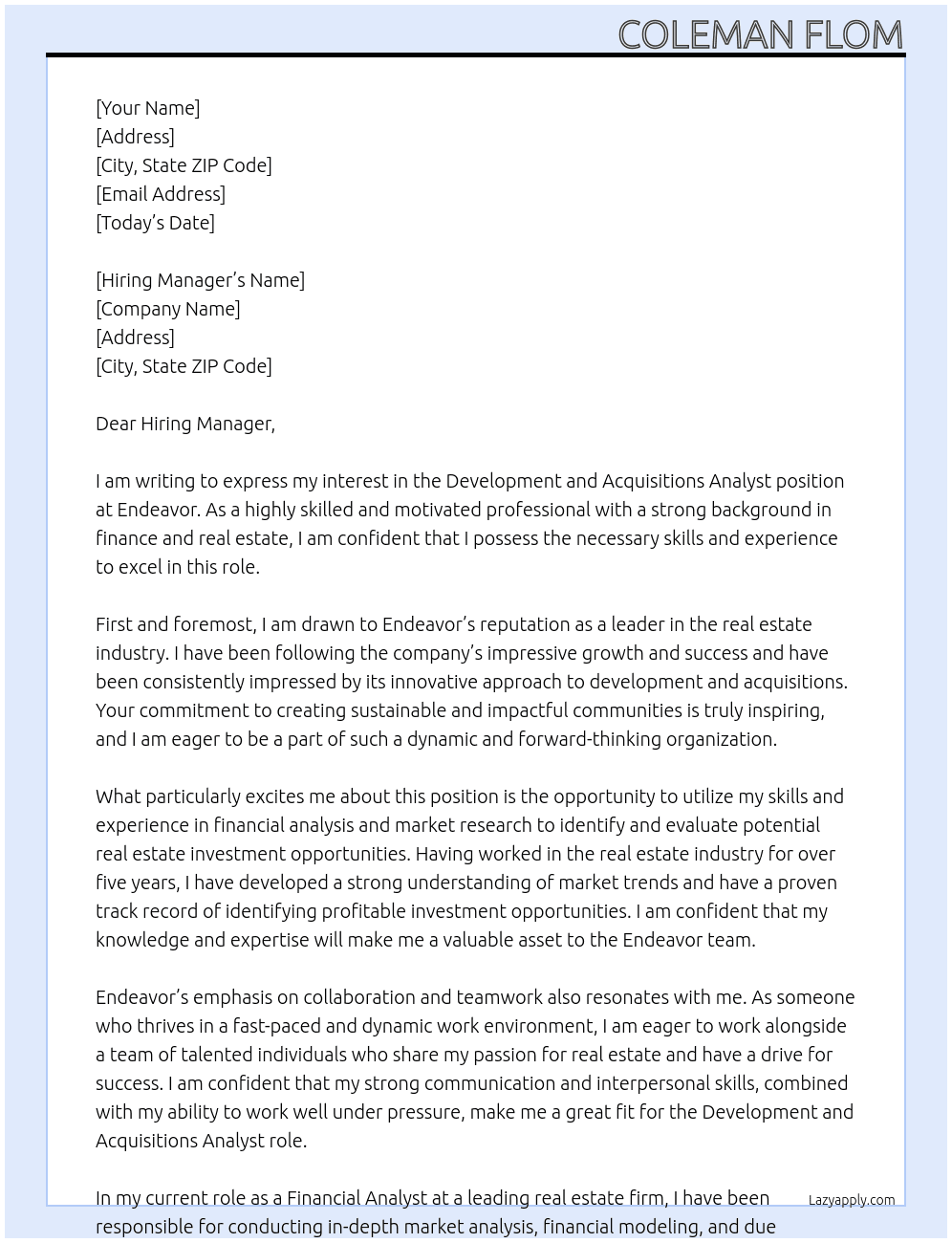 Development and Acquisitions Analyst At Endeavor Cover Letter