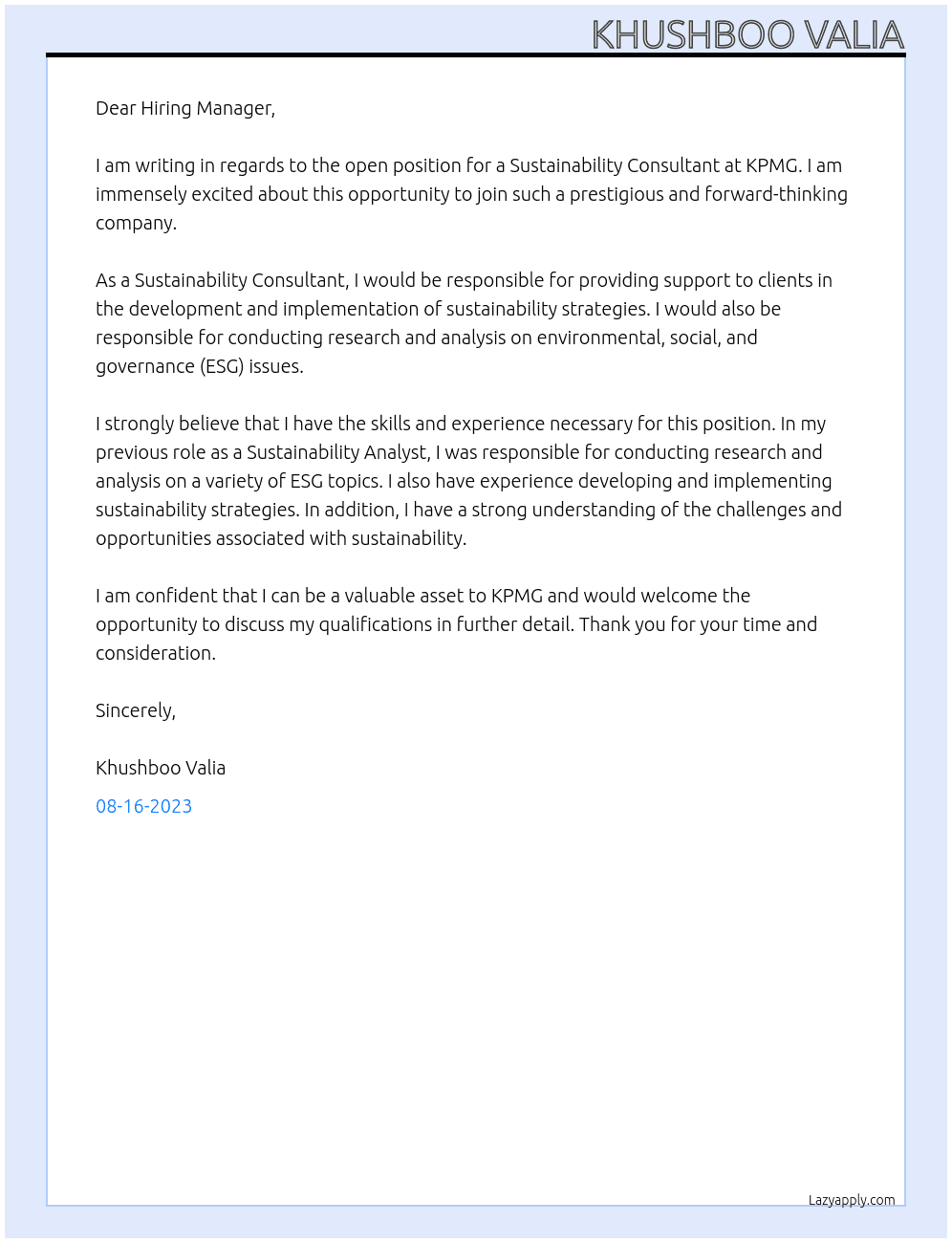 Sustainability Consultant At KPMG Cover Letter
