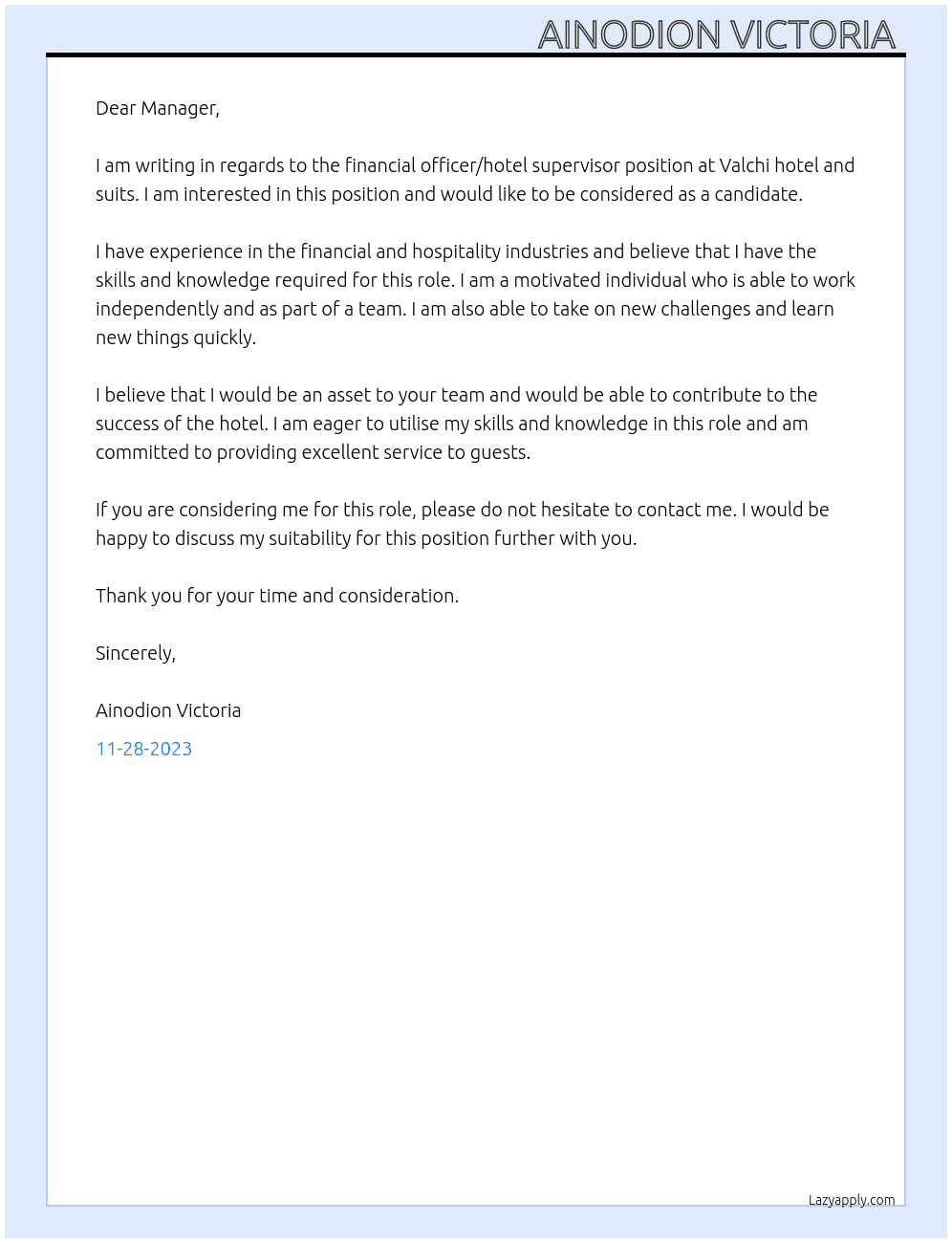 Financial officer/hotel supervisor  At Valchi hotel and suits Cover Letter
