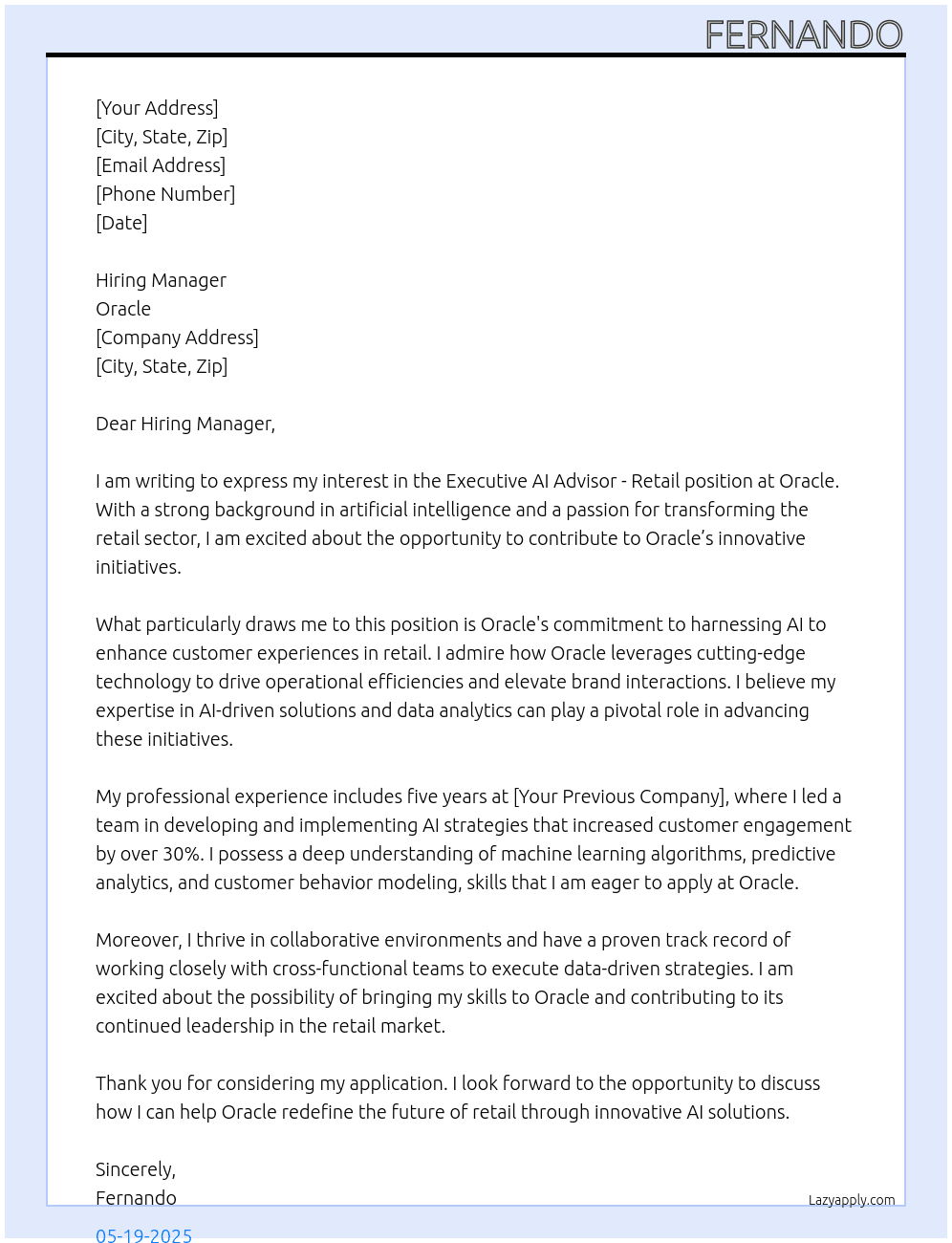 Cover letter for executive ai advisor - retail - LazyApply