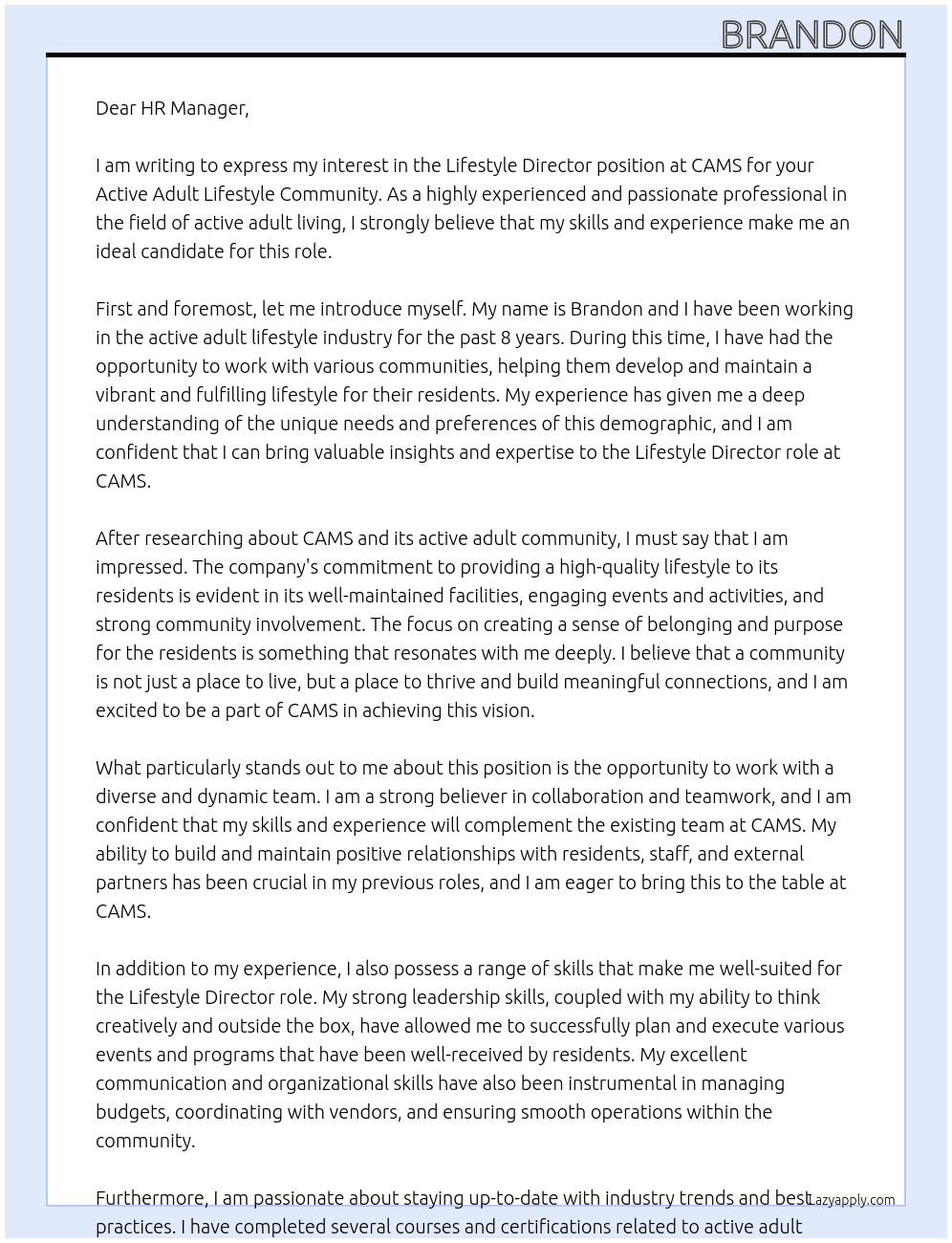Lifestyle Director- Active Adult Lifestyle Community At CAMS Cover Letter